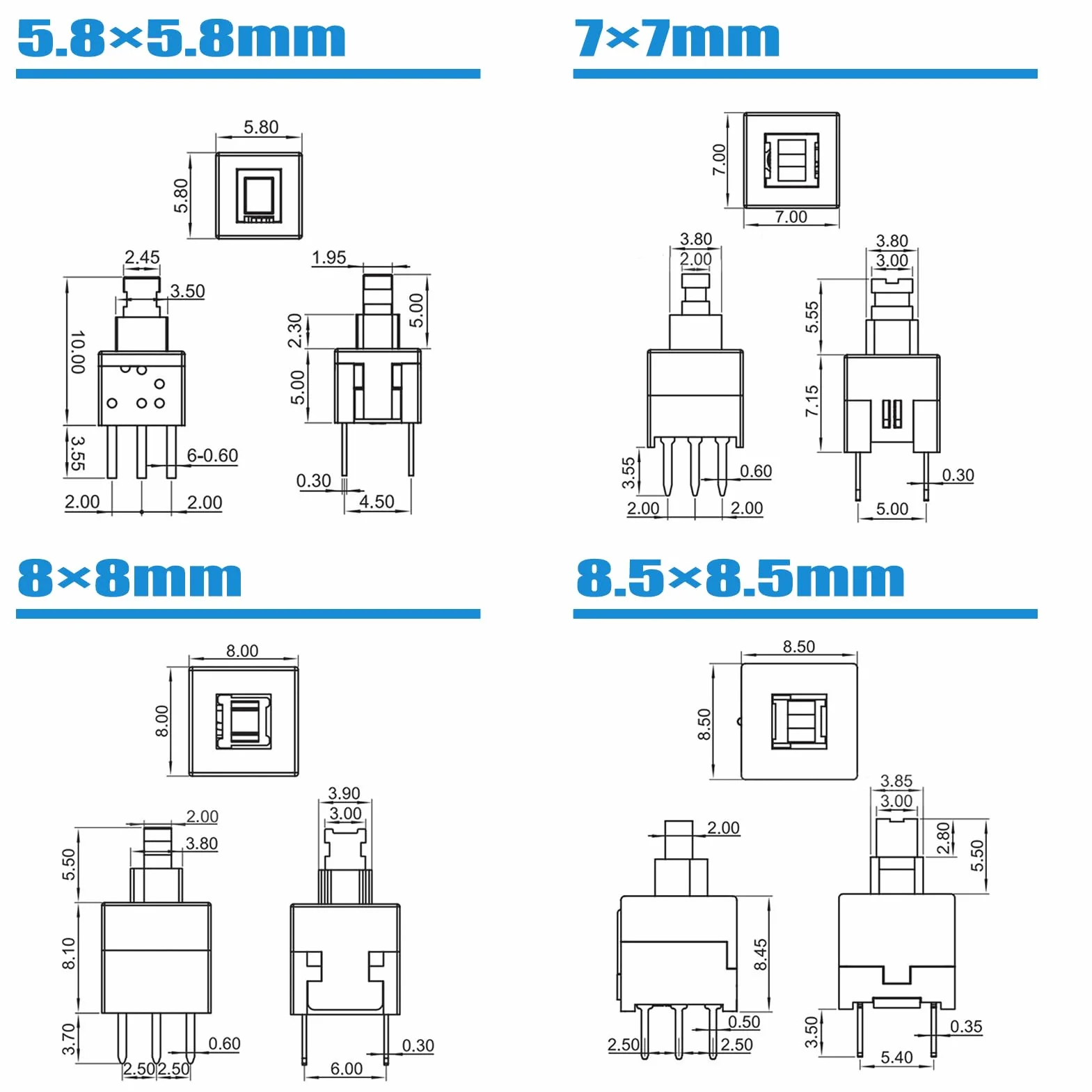 AUKENIEN Zestaw Przełączników DPDT Samoblokujący 6 Pin 5.8x5.8mm 7x7mm 8x8mm 8.5x8.5mm