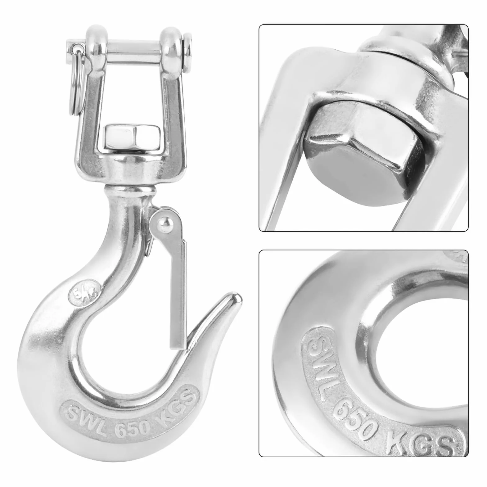Sicherheits-Haken 304 Edelstahl-Schwenker-anhebender Haken-Stahlaugen-Haken mit Verschluss-Rigging-Zusatz 650kg / 1000kg(650kg)