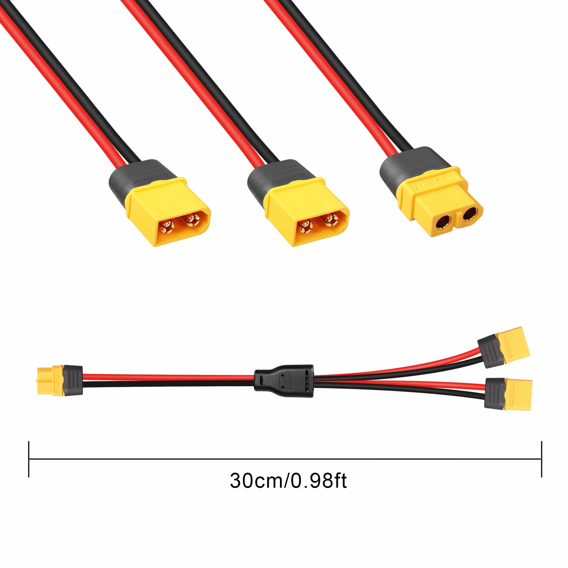 GINTOOYUN XT60 Y przedłużacz rozdzielacza 12 AWG XT60 żeński na podwójny męski adapter złącza do panelu słonecznego, generatora słonecznego, przenośnej elektrowni, drona, kampera, statku itp. (0,3 m