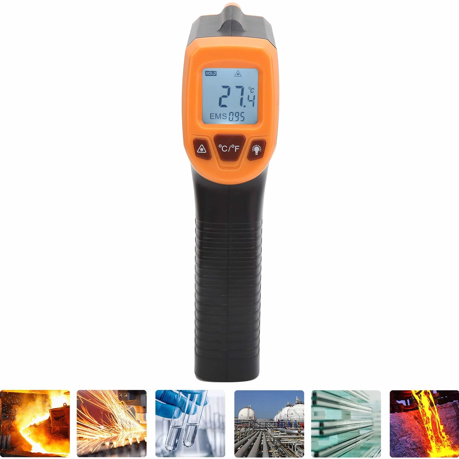 Pistolet do pomiaru temperatury YWBL-WH, termometr na podczerwień, z wyświetlaczem LCD Bezdotykowy termometr przemysłowy GM320S (pomarańczowy), termometr na podczerwień i