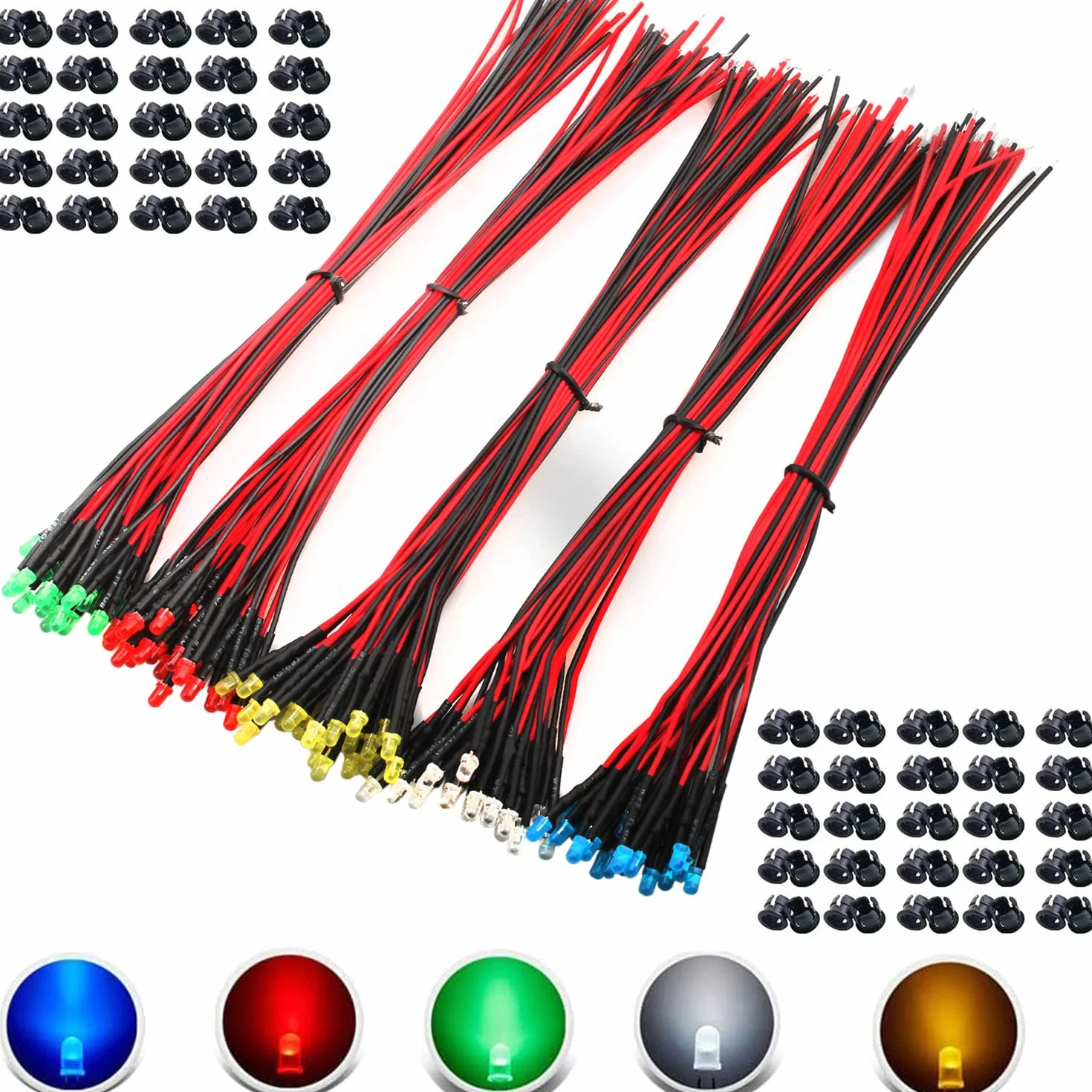 RUNCCI-YUN 100 sztuk 3 mm 3 V-9V-12 V LED dioda LED, z kablem 12 V, oświetlenie modelu kolejki H0, diody LED + 100 sztuk pierścieni montażowych LED 3 mm z tworzywa sztucznego (czerwony, żółty,