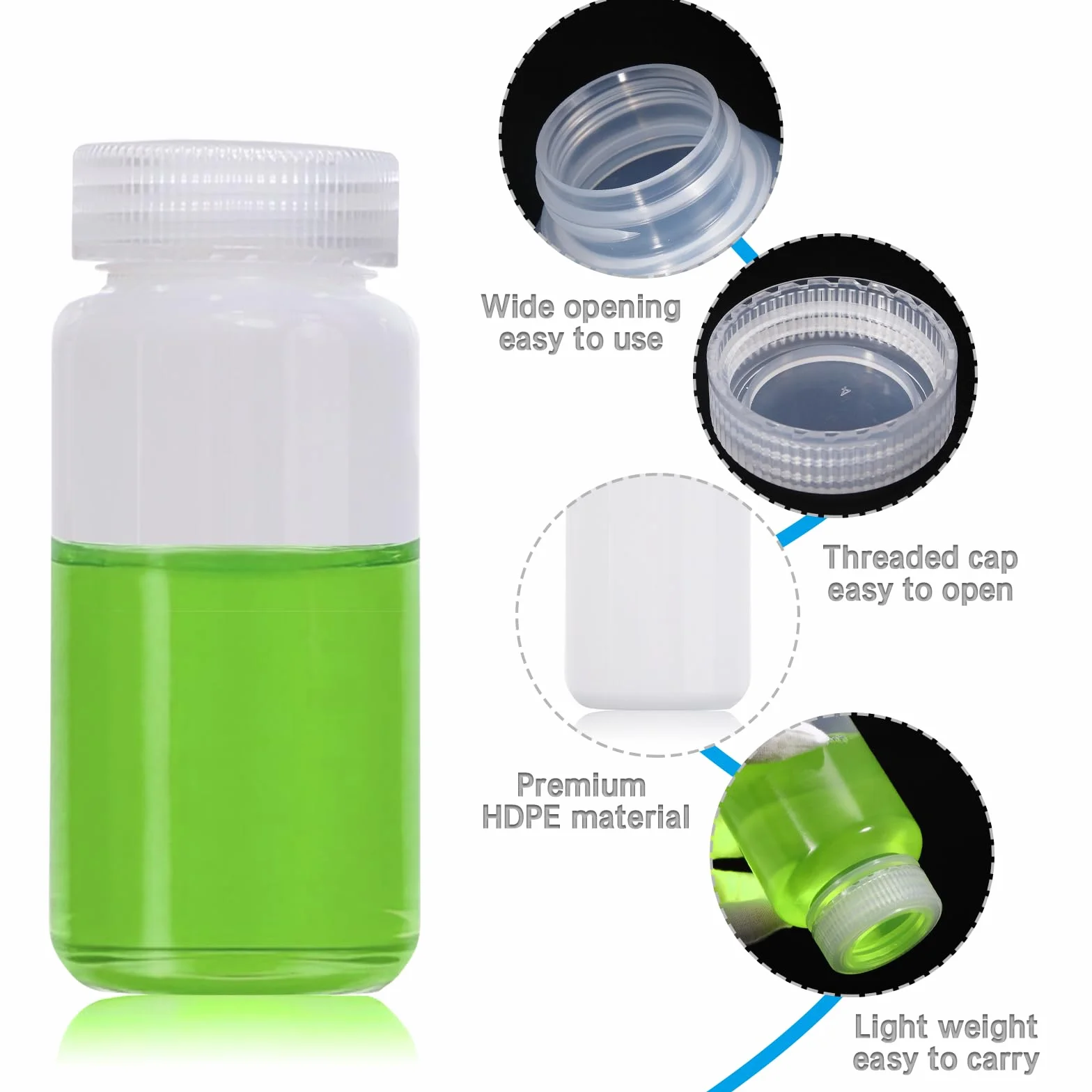 DKBT 6 sztuk butelek z szeroką szyjką z tworzywa sztucznego, 60 ml, puste butelki laboratoryjne, szczelne, z polietylenu (HDPE), z szerokim otworem, do butelek na tabletki, butelki na próbki wody