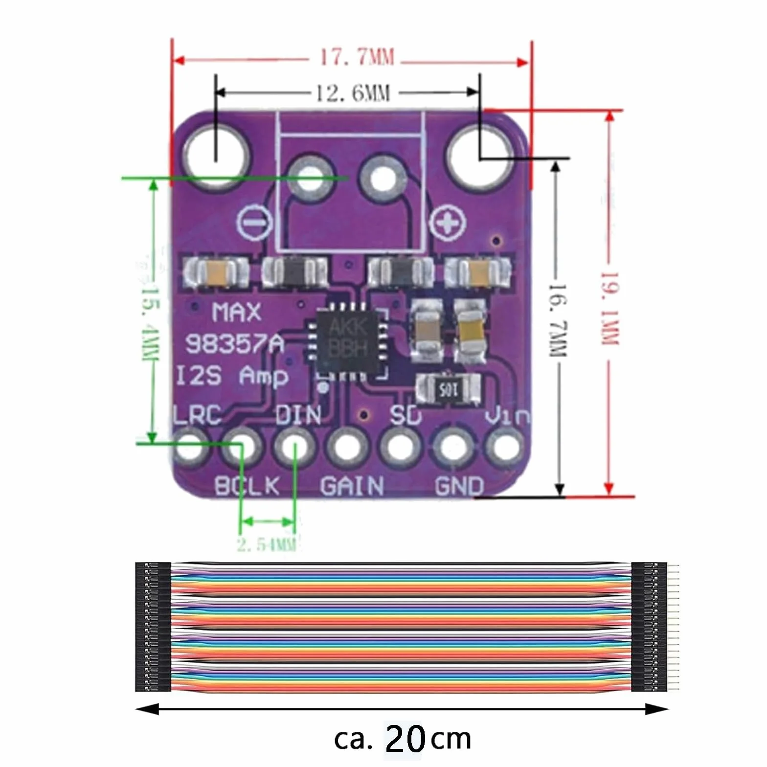 2 sztuki MAX98357A I2S wzmacniacz mono klasy D, bezfiltrowy moduł Breakout, moduł dekodera DAC o szerokim zakresie zastosowania, 20 szt. 30 cm kabel Dupont