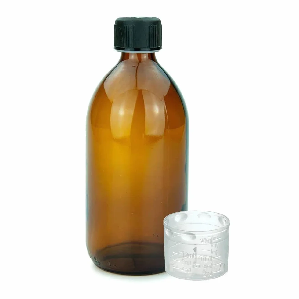 brązowa szklana butelka 500 ml z pokrywką, kubek z miarką i etykietą do opisywania