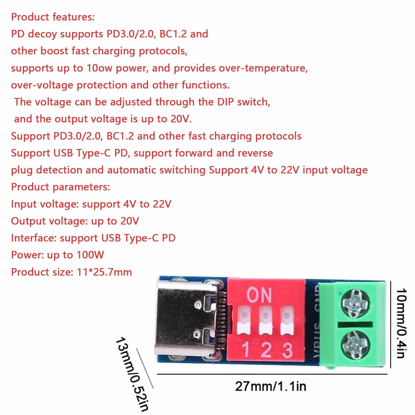 5 sztuk modułów sterujących USB C PD PD/QC Decoy Board, regulowane napięcie 5/9/12/15/20 V, 100 W, regulacja DIP, moduł Power Delivery Boost, szybkie ładowanie