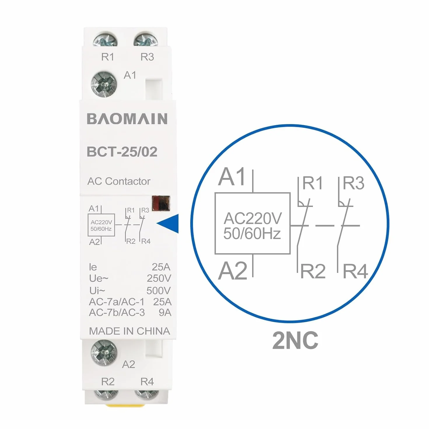 BAOMAIN Stycznik AC, 2-biegunowy 2NC, 25 A, AC 220 V, napięcie cewki, 35 mm Montaż na szynie DIN BCT-25/02