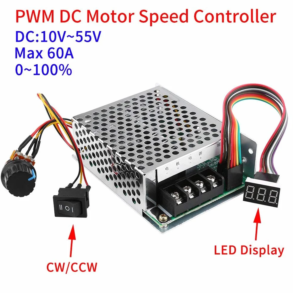 Walfront Kontroler prędkości silnika DC 10V-55V PWM szczotkowy sterownik regulowany CW CCW odwracalny