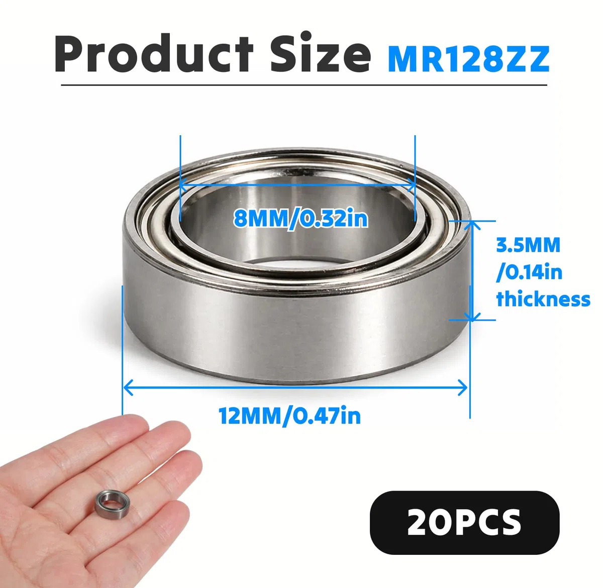 20 szt. Łożyska kulkowe MR128zz 8x12x3,5mm, łożyska kulkowe zwykłe MR 128zz DIY, tokarki, silniki, drukarki 3D, frezarki, różne urządzenia mechaniczne (MR128ZZ 20 szt.)