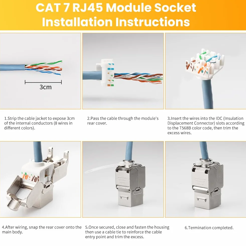 4 sztuki CAT 7 Keystone RJ45 moduł gniazdo do kabla LAN 10 Gbit/s do 1000 MHz AWG 22-25 beznarzędziowe LSA w pełni ekranowane gniazdo montażowe STP RJ45 zacisk tnący pasuje do gniazda sieciowego i