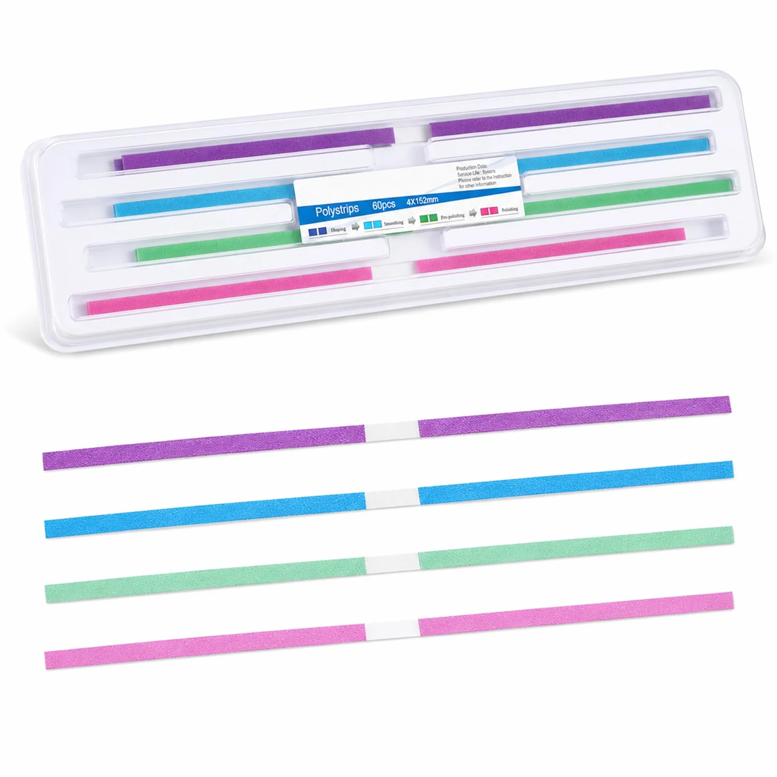 Papier ścierny do zębów, 60 sztuk, 4 x 150 mm, paski ścierne, do szlifowania międzyzębowego, kolor fioletowy do formowania, niebieski do wygładzania, zielony do wstępnego polerowania, różowy do