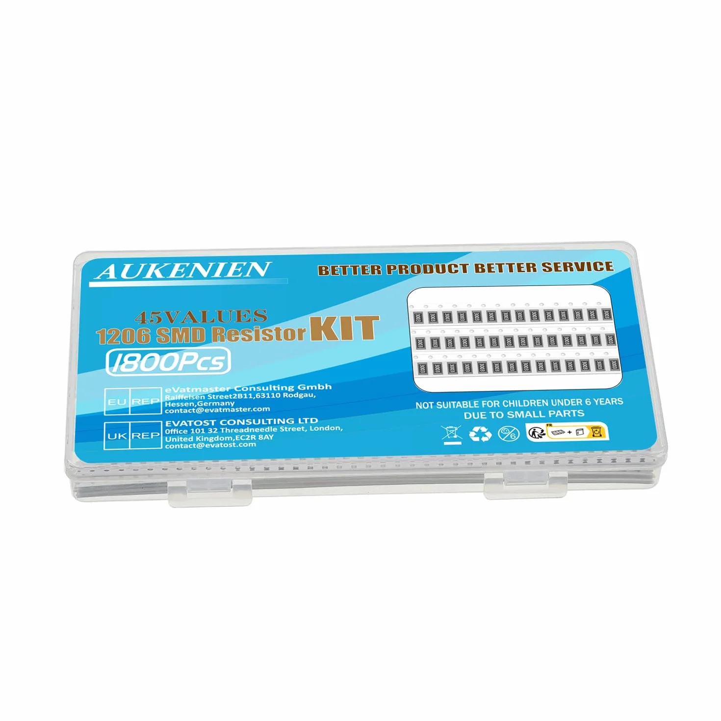 AUKENIEN 1206 Rezystor SMD 45 wartości 1800 sztuk 0R do 10 M Ohm Rezystory 1/4W Zestaw SMT Resistance Asortyment z tolerancją ±1%