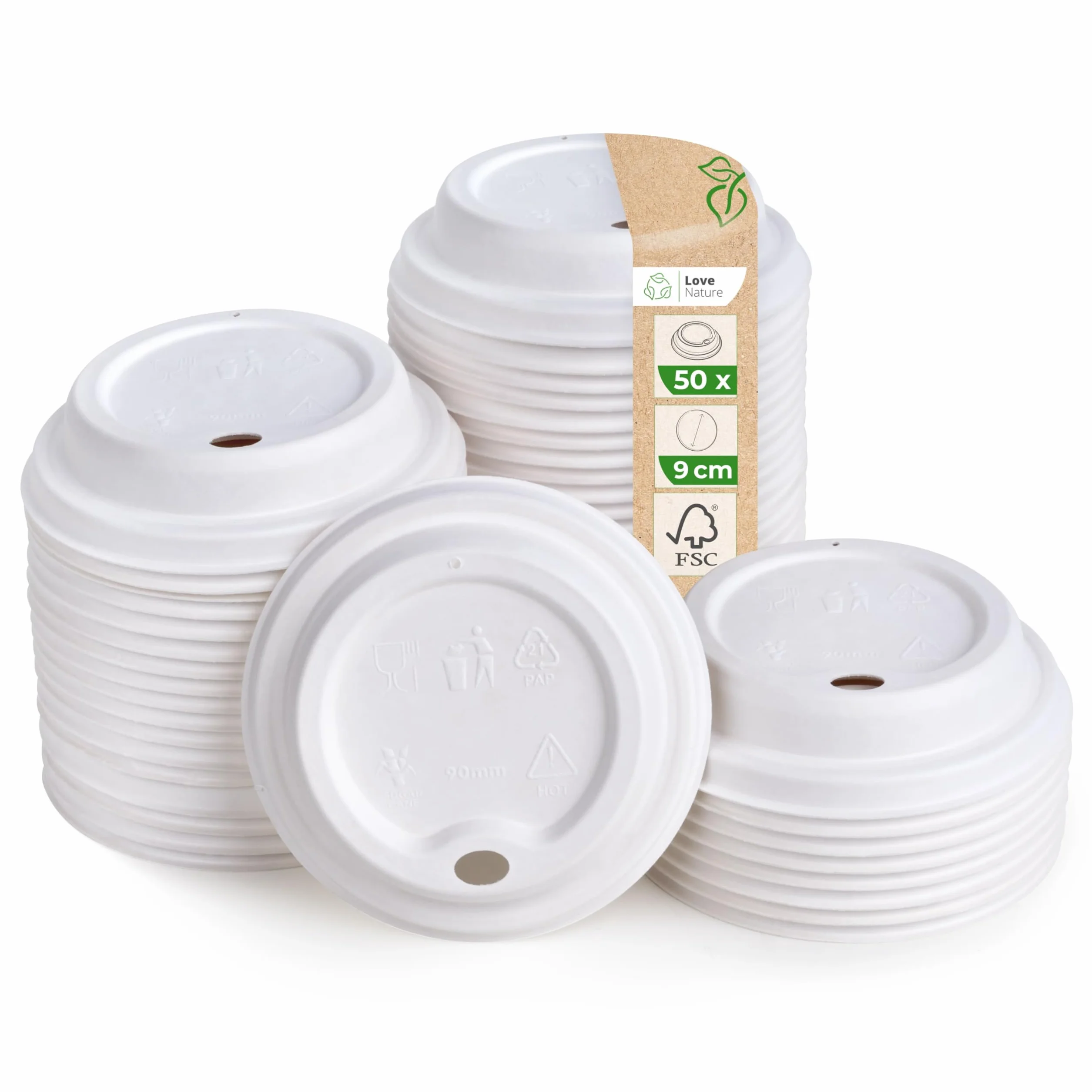 Love Nature Pokrywki do papierowych kubków 300 ml, 50 sztuk, pokrywki do jednorazowych kubków z trzciny cukrowej, jednorazowe pokrywki do kubków kawy na wynos, pokrywka z możliwością recyklingu do