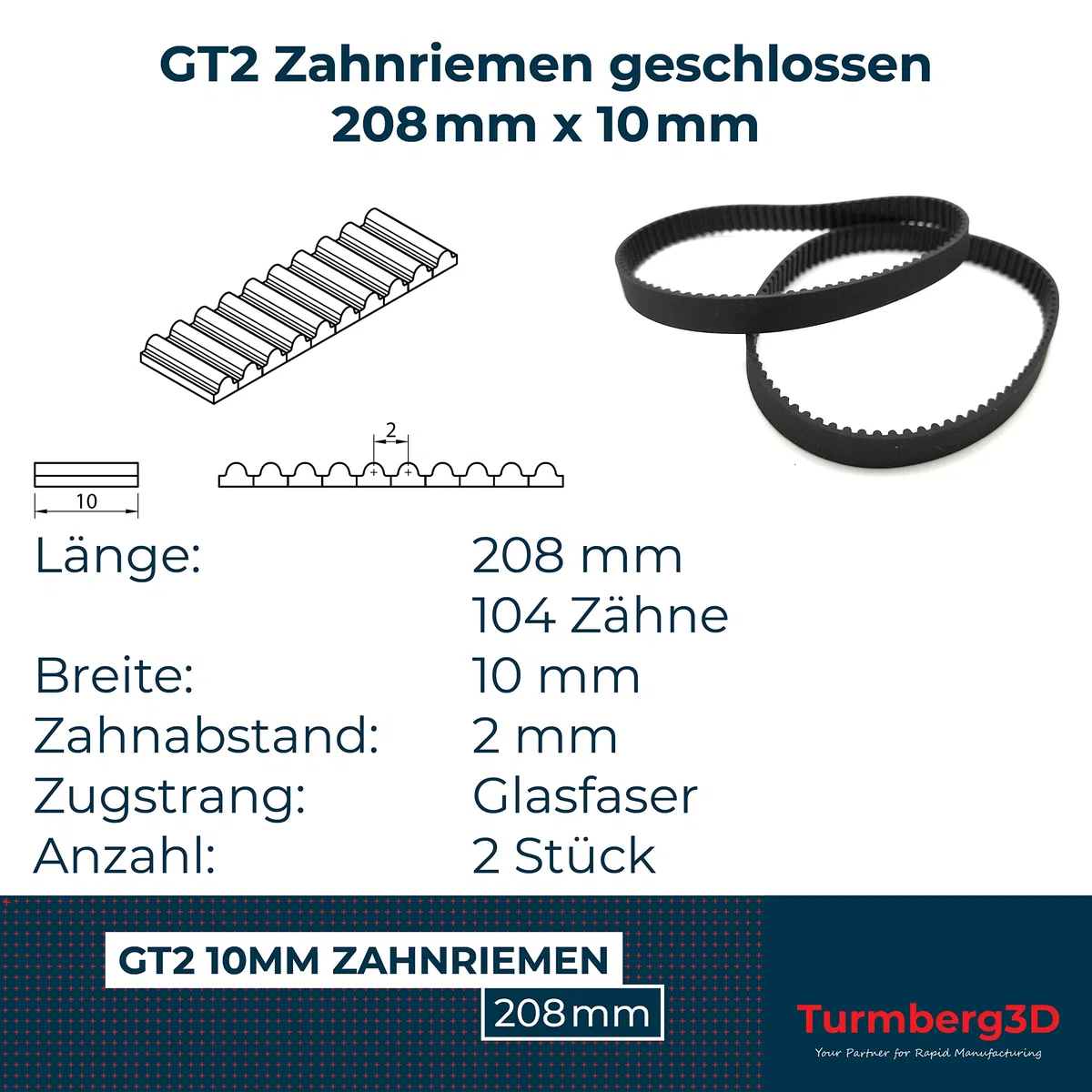 GT2 zamknięty pasek zębaty - 10 mm szerokości - długość 208 mm - po 2 sztuki - sznurek z włókna szklanego (208 mm)