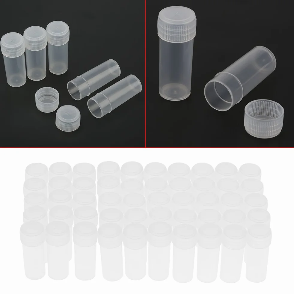 50 sztuk plastikowych butelek na pr¨®bki, 5 ml Ma?a przezroczysta butelka, przezroczyste butelki podr¨®?ne, z pokrywkami, do ?adowania pasty, cia? sta?ych, nasion, przedmiot¨®w ziarnistych