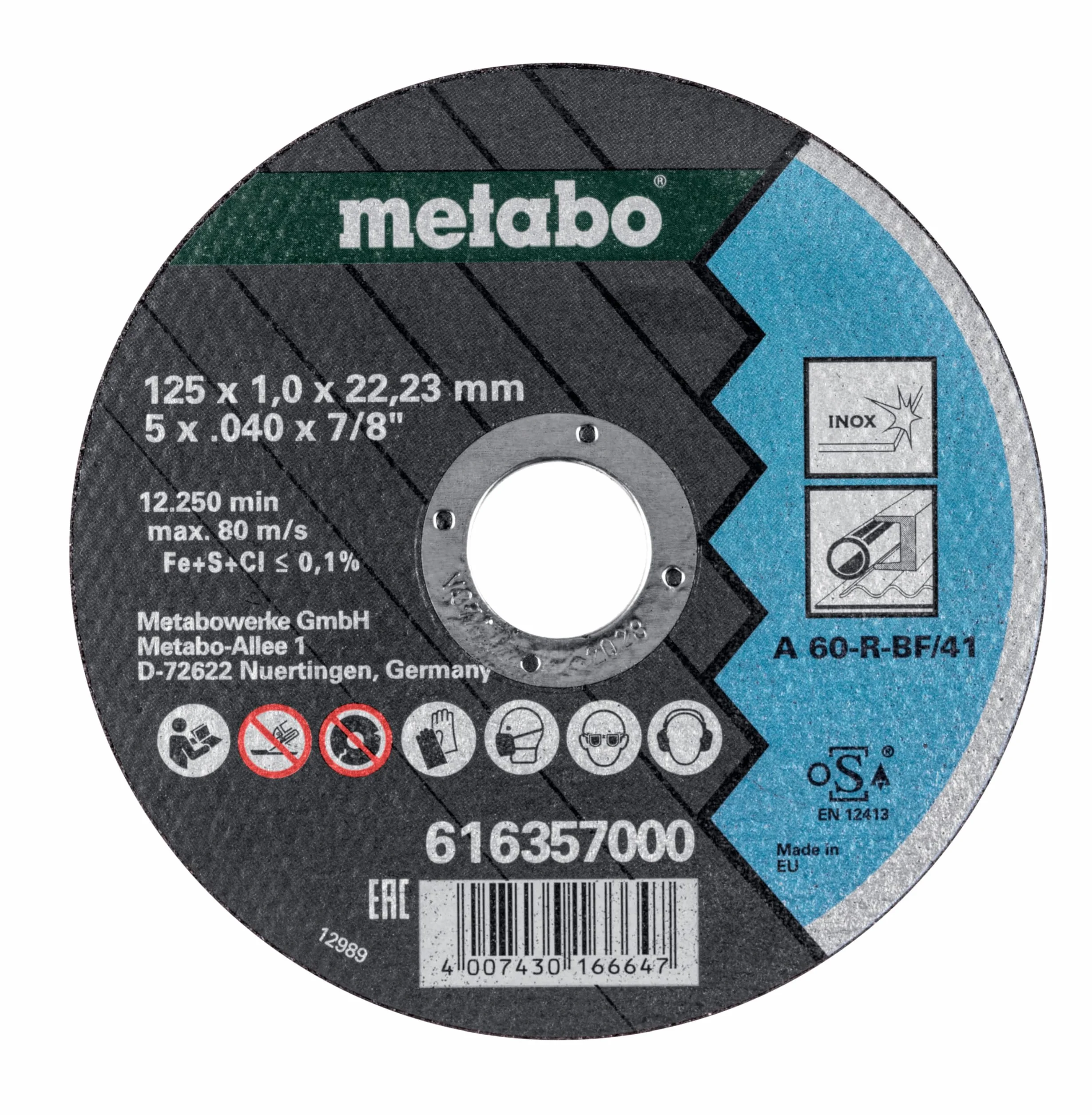 Metabo tarcze tnące SP 125 x 1,0 x 22,23 Inox, TF 41 – 616359000 – Do obróbki stali nierdzewnej – Zestaw 10 sztuk