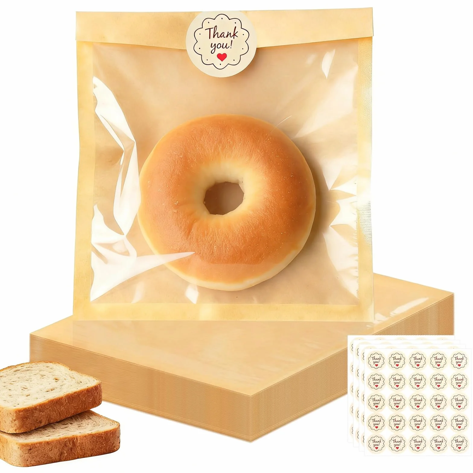 100 sztuk torebek na żywność z okienkiem i naklejkami, 18 × 19 cm papierowe torebki na chleb do domowego chleba, na wesela, Boże Narodzenie, ciastka, pączki, muffinki, itp