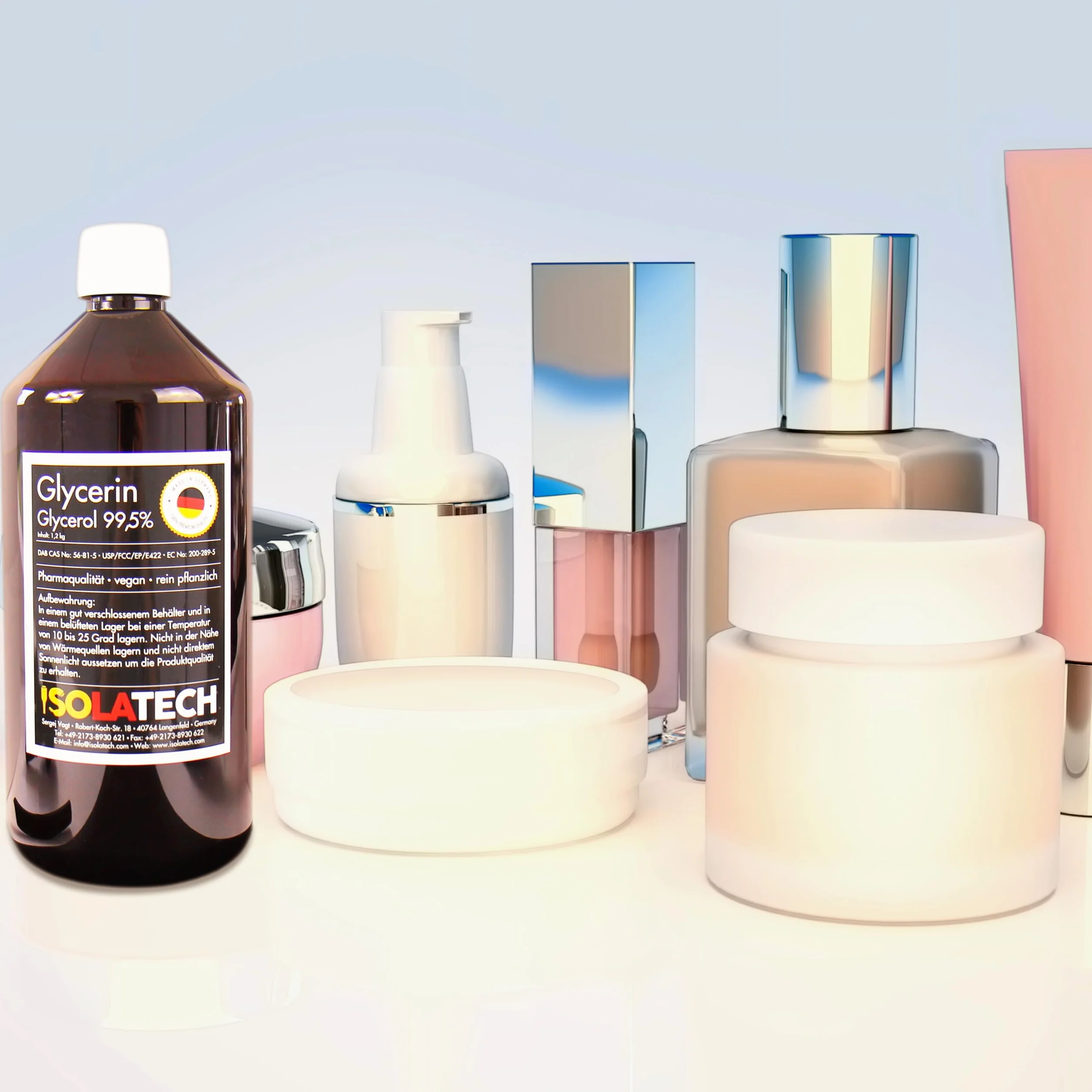 ISOLATECH Gliceryna 99,5% 1 l, jakość farmaceutyczna made in Germany, mierzona w 99,98% czysto roślinna, gliceryna glicerolowa, przezroczysta, 2 x 500 ml butelka (zawartość 2 x 600 g)