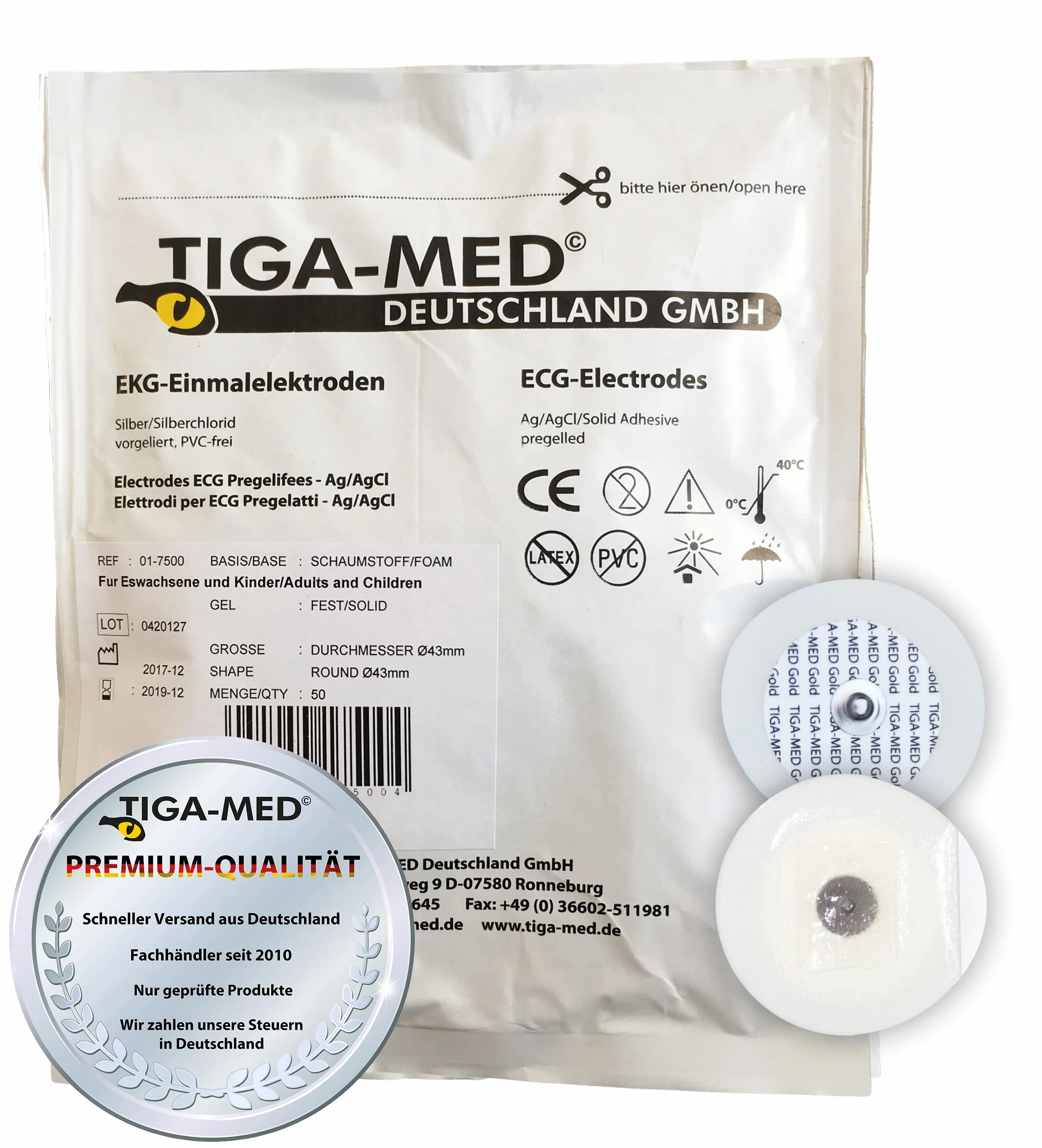 TIGA-MED Jednorazowe elektrody EKG z żelem stałym | 100 sztuk (2 x 50) | Średnica: 43 mm | Wyprodukowano w UE | Jakość szpitalna | Jednorazowe elektrody samoprzylepne