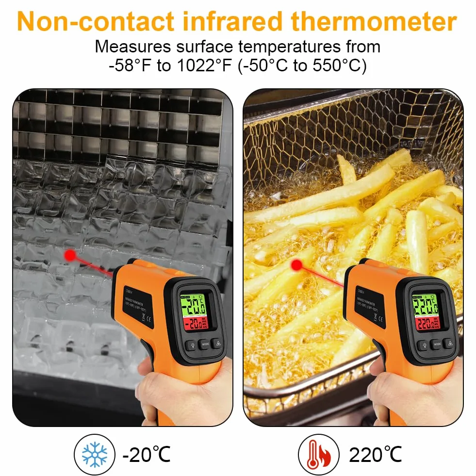 HOTUT Cyfrowy termometr na podczerwień 50°C ~ 550°C (-58°F ~ 1022°F), bezdotykowy laserowy pistolet temperaturowy z regulacją emisyjności, do gotowania/zamrażania, z termometrem do mięsa i torbą