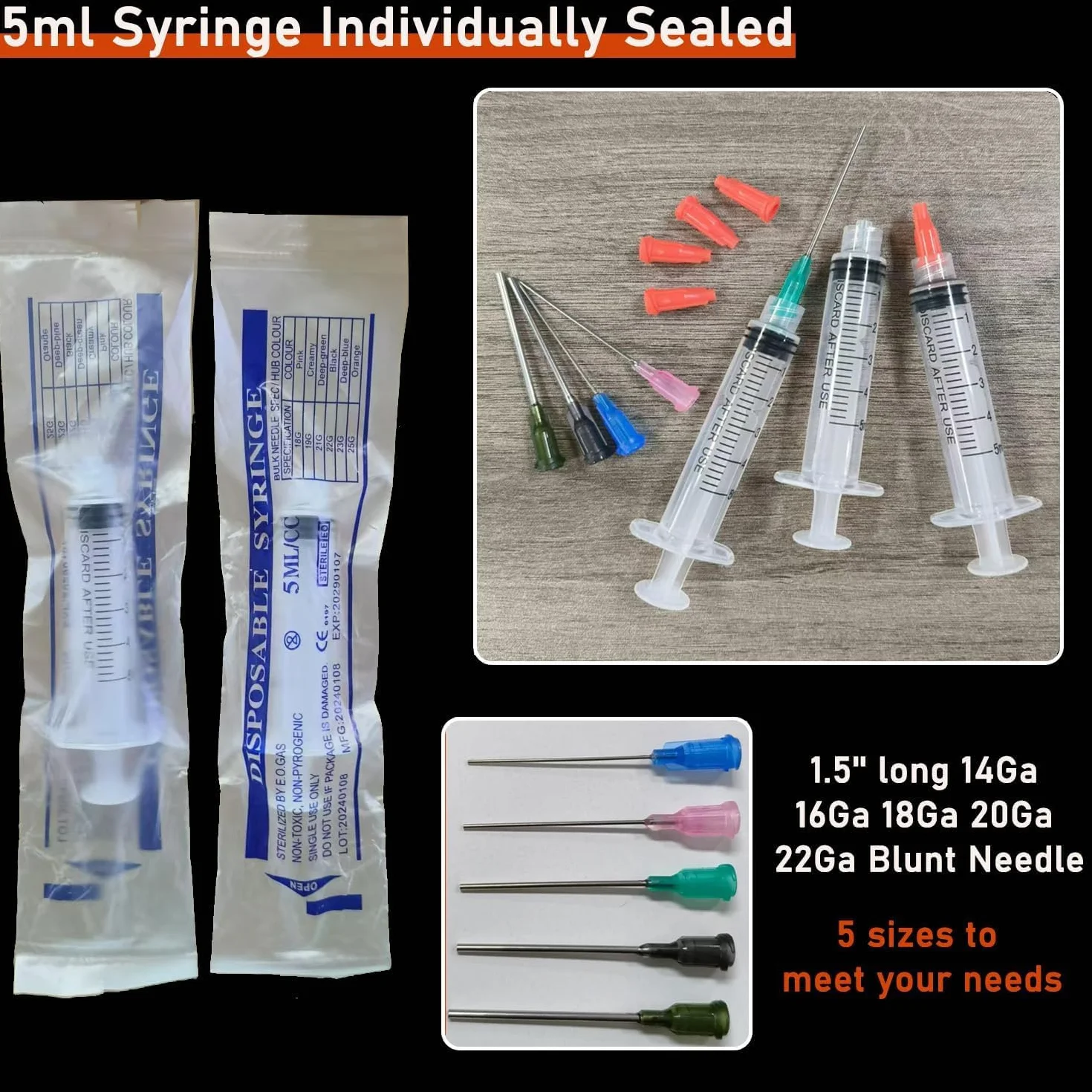 Strzykawki do napełniania tuszem 5 ml, wzór Luer Lock, z tworzywa sztucznego, strzykawki z nasadkami 1,5", 14 Ga 16 Ga 18 Ga 20 Ga 22 Ga Blunt Tip do cieczy, kleju, tuszu