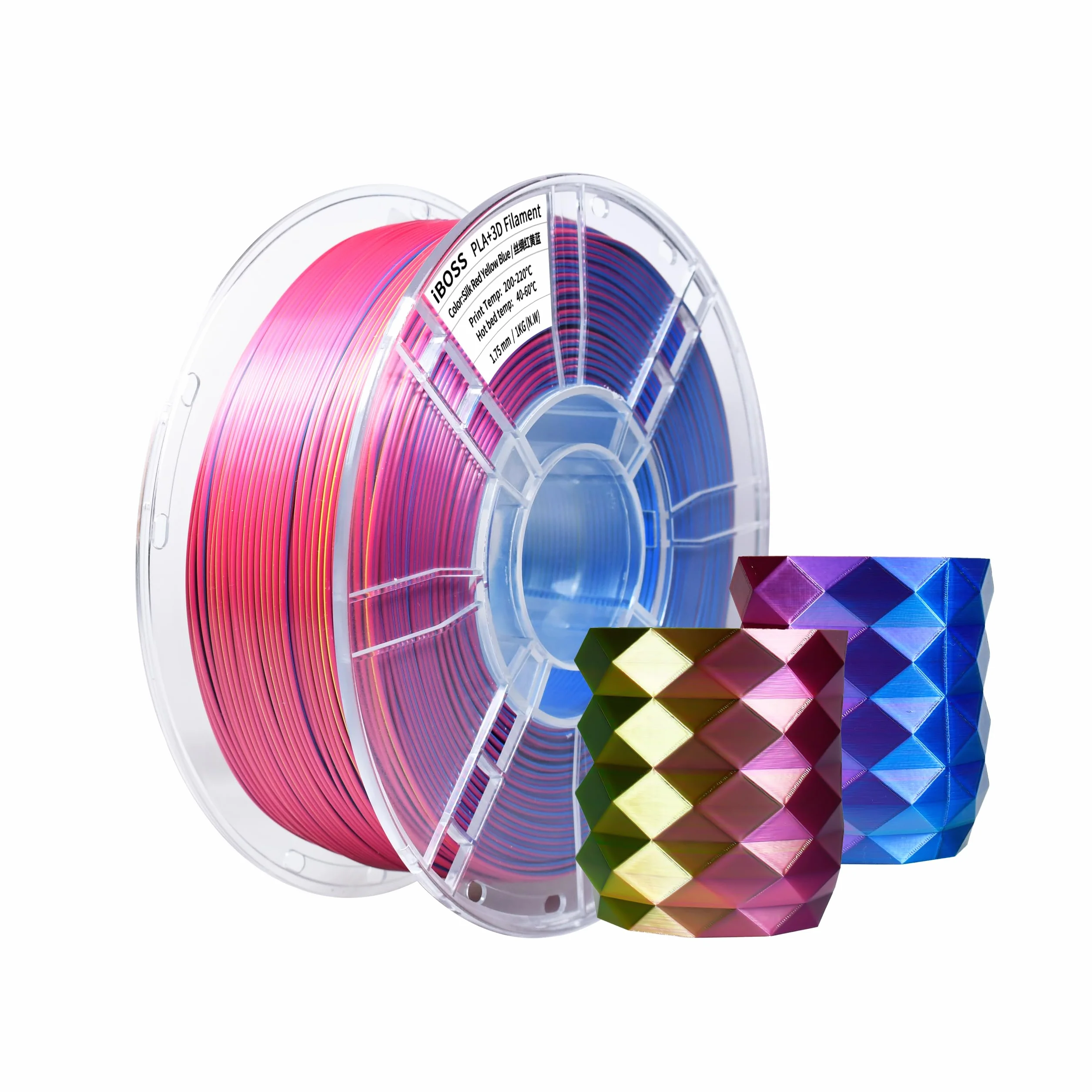 iBOSS Jedwabny PLA+ filament 1,75 mm trójkolorowy lśniący połysk do drukarek 3D FDM szpula 1 kg Jedwabny Czerwony-Żółty-Niebieski