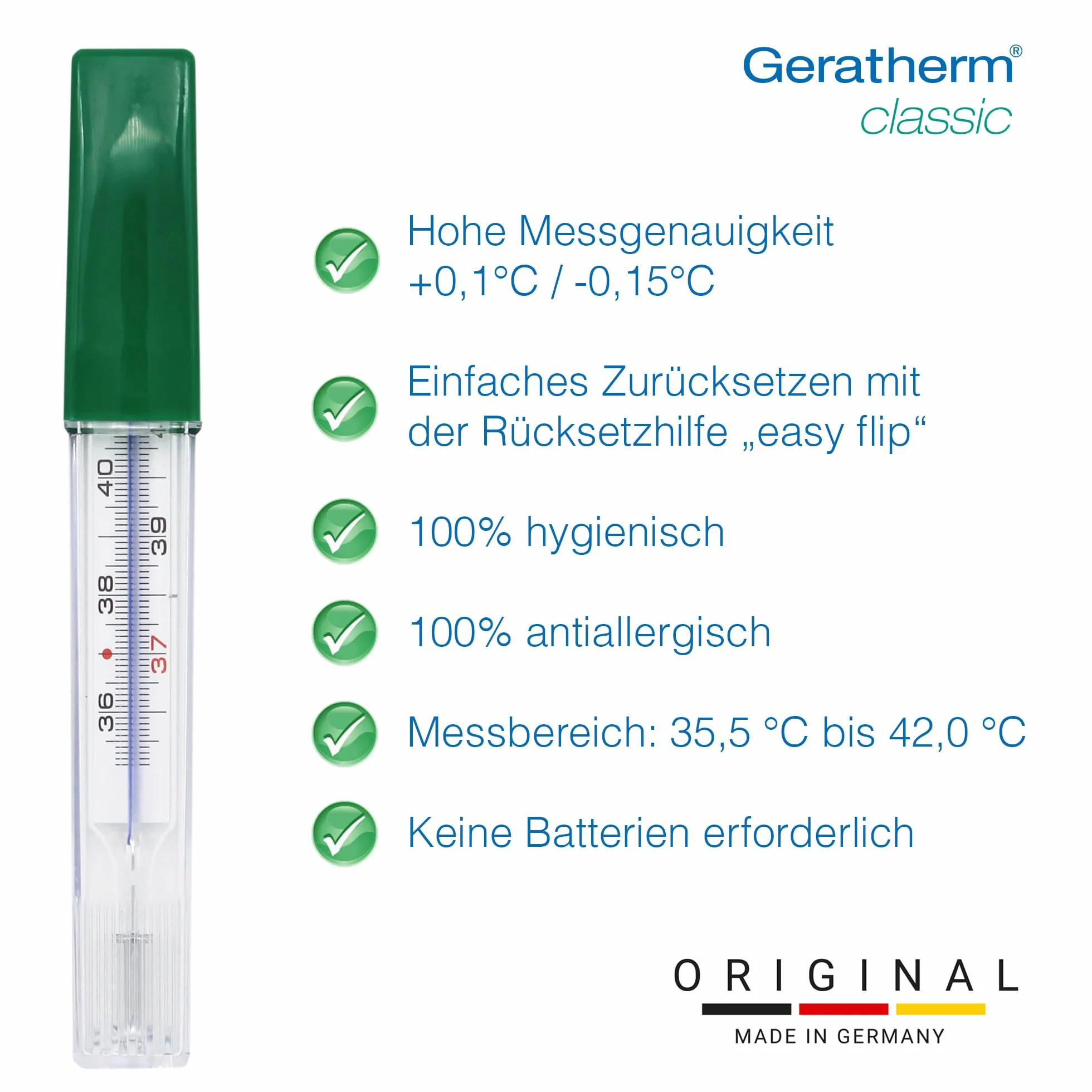 Geratherm Klasyczny analogowy termometr na gorączkę bez rtęci, dożywotnia precyzja, Made in Germany