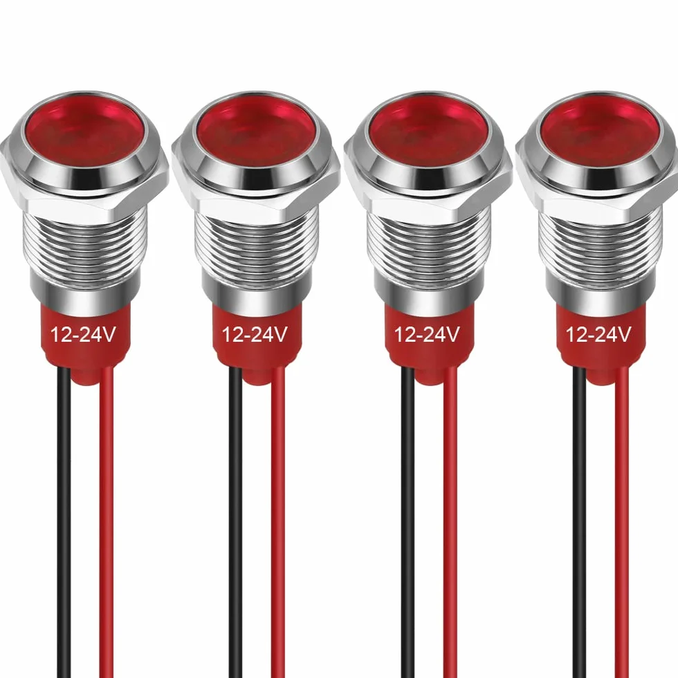 GUUZI Lampka Kontrolna LED 10mm 12-24V Wodoodporna Panel Metalowy Czerwony 4 szt