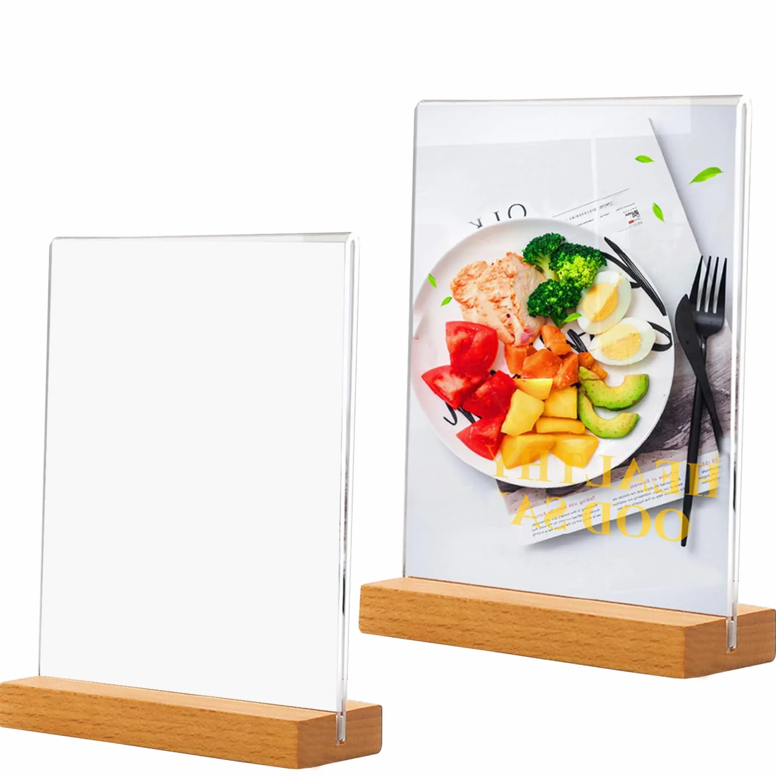 Akrylowy Stojak A5 W Kształcie Litery T - 2 Sztuki Uchwytów Na Karty Menu, Przezroczysty, Podwójne Miejsce Na Karty, Plakat, Tabliczki Z Drewnianą Podstawą