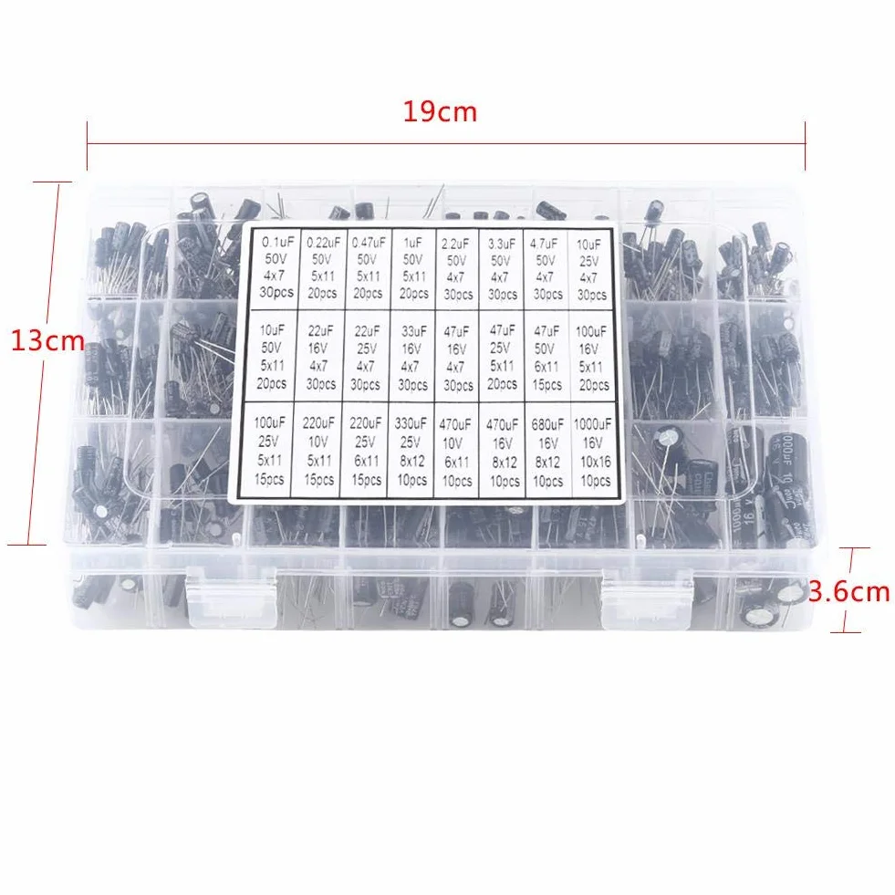 Kondensator Elektrolytkondensator 500 stycken 24 värden 10V-50V 0.1UF-1000UF aluminium sortiment lådesats