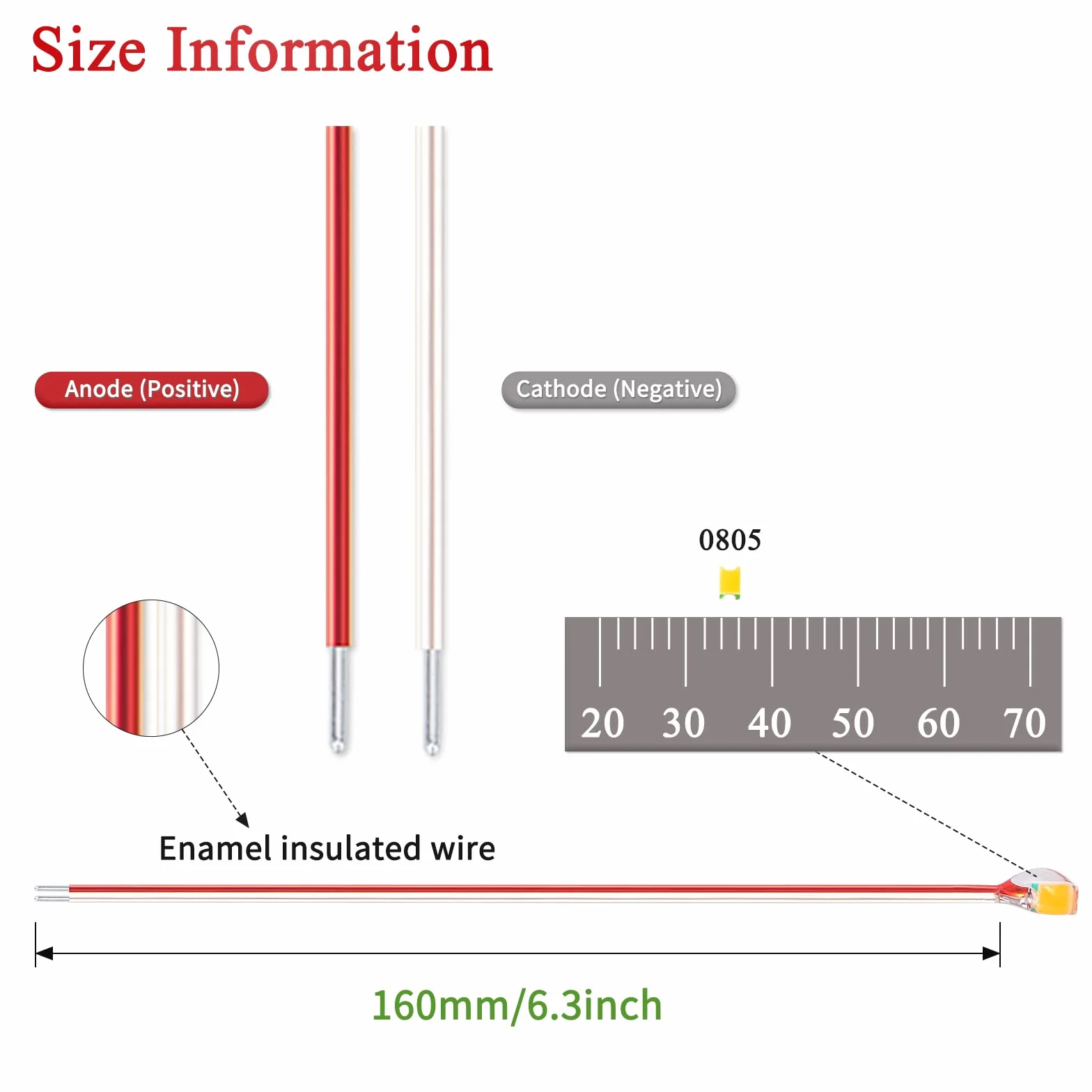 DiCUNO 20 szt. okablowanych mikro diod LED 16 cm, 0805 SMD lutowana mini dioda LED UV