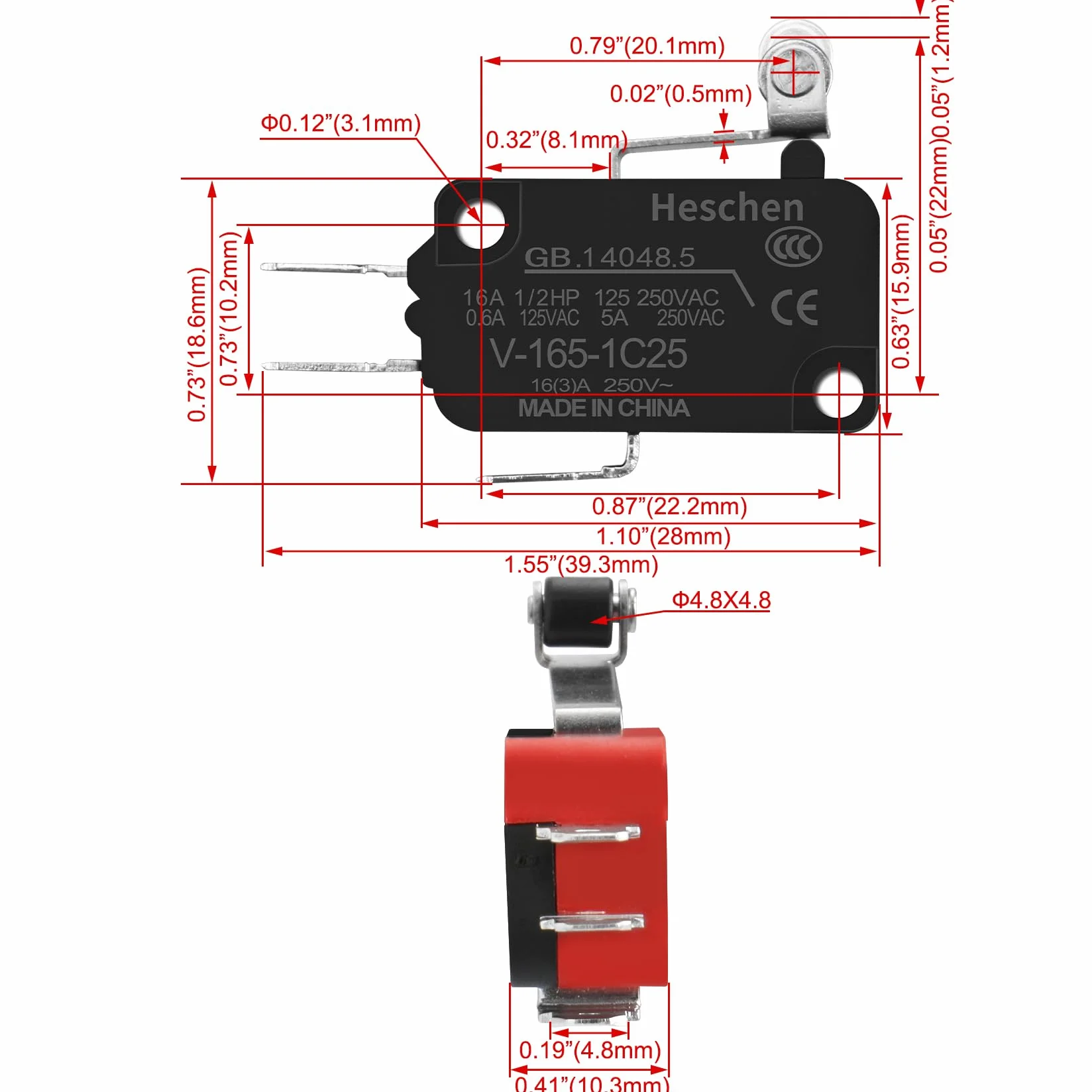 Heschen mikro przełącznik V-165-1C25 SPDT krótka dźwignia rolkowa 16 A 250 V AC 5 szt.