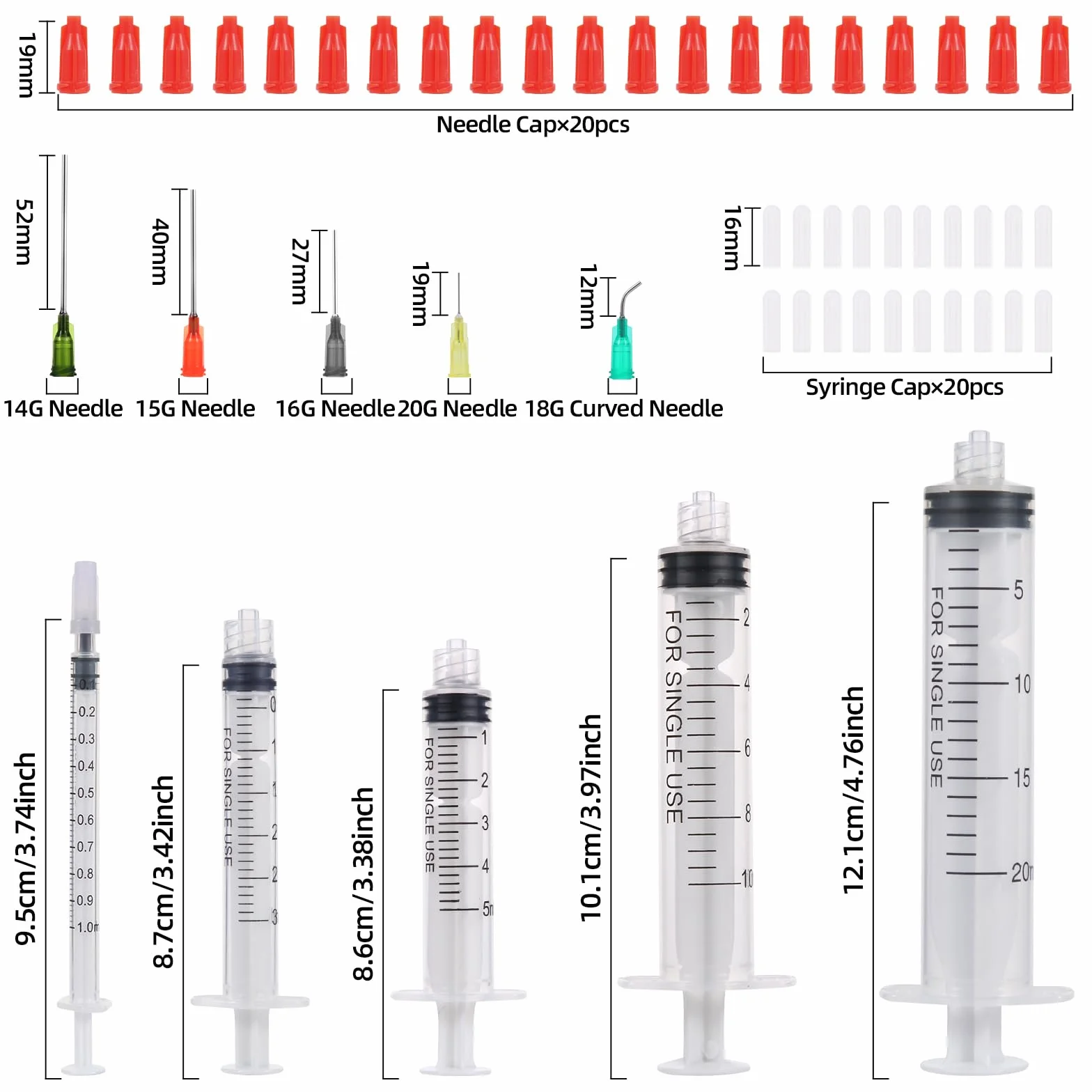 Zestaw 20 strzykawek z tępą igłą, różne rozmiary, 1 ml, 3 ml, 5 ml, 10 ml, 20 ml do napełniania i pomiaru płynów, laboratoria naukowe, nawadnianie roślin, przezroczysty