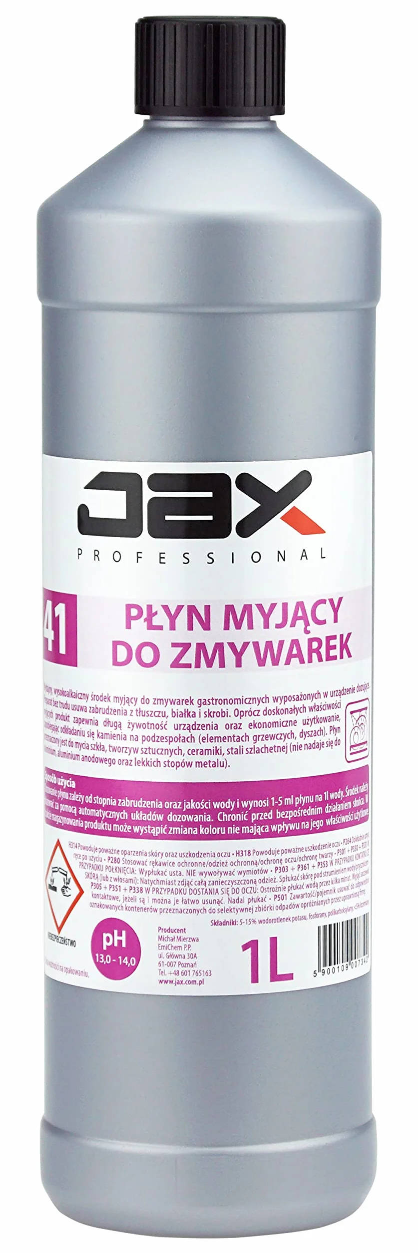 41 1L - PŁYN MYJĄCY DO ZMYWAREK usuwa zabrudzenia z tłuszczu, białka i skrobi, do mycia szkła, ceramiki, mycia tworzyw sztucznych, stali szlachetnej
