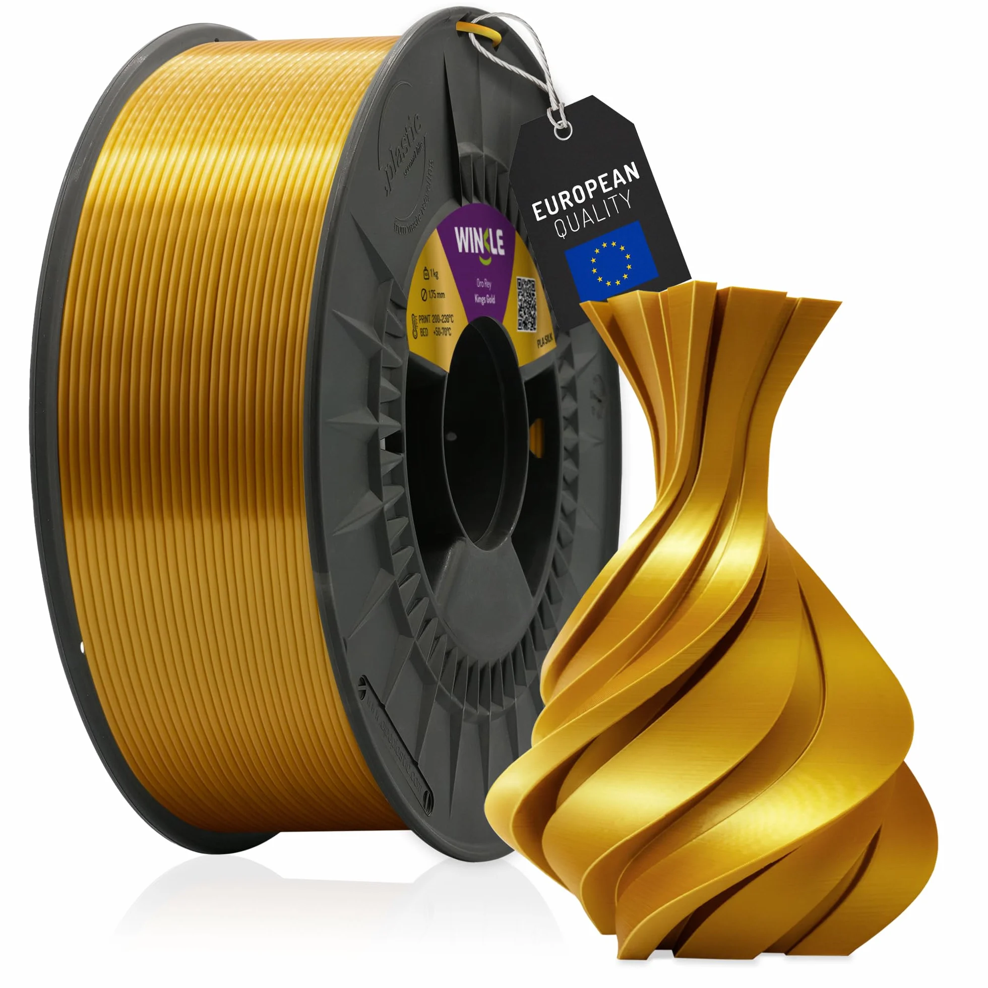 WINKLE Jedwabny filament PLA (jedwab) złoto królewskie | Filament do drukarki 3D | Filament PLA 1,75 mm 300 g | PLA Gold | gładkie i jedwabiste wykończenie | dokładność wymiarowa | cewka 300g