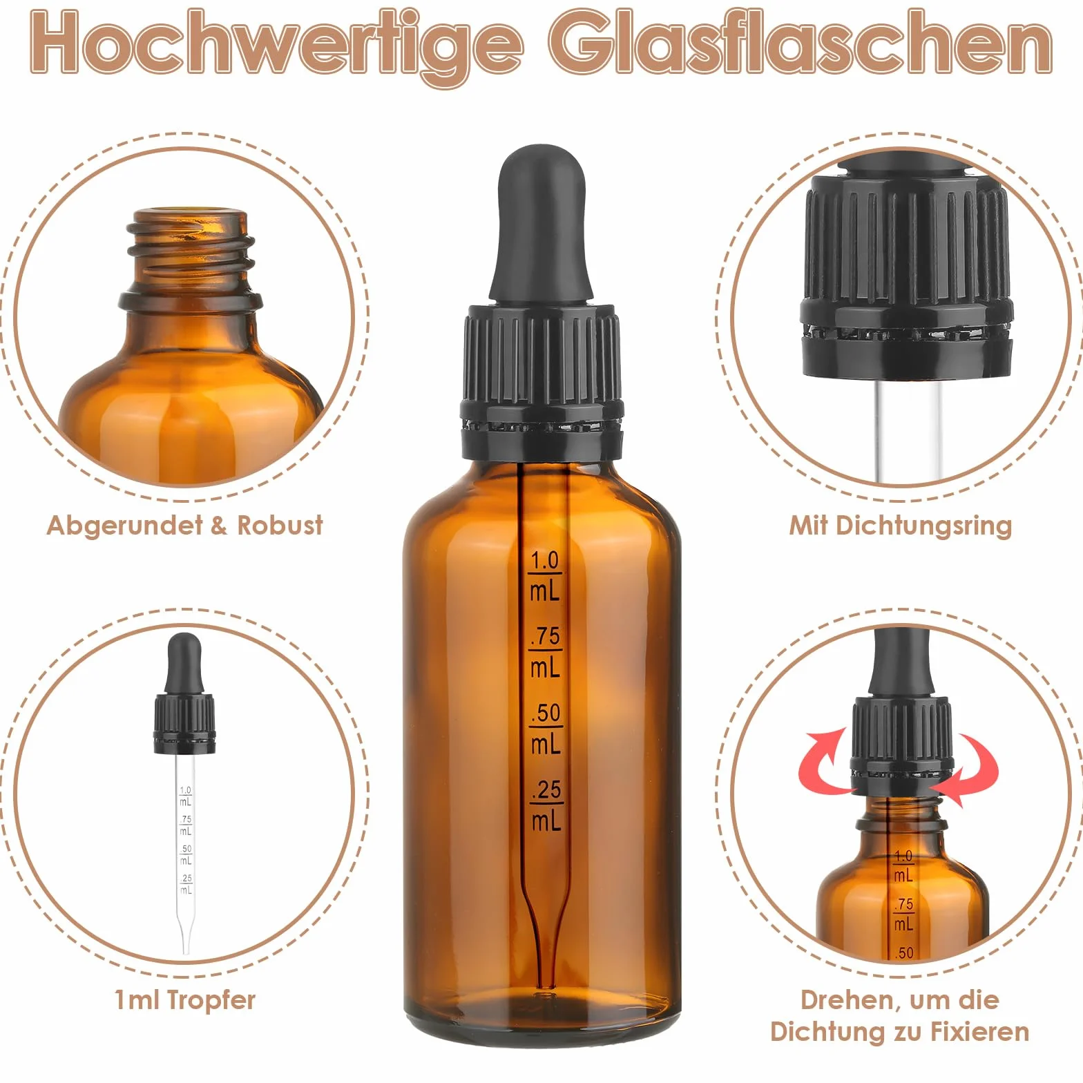 modacraft Butelka z pipetą 50 ml z akcesoriami pomocniczymi, butelka z pipetą z brązowego szkła, butelka apteczna do płynów, olejków eterycznych, olejków zapachowych, aromaterapii, płynnych barwników,