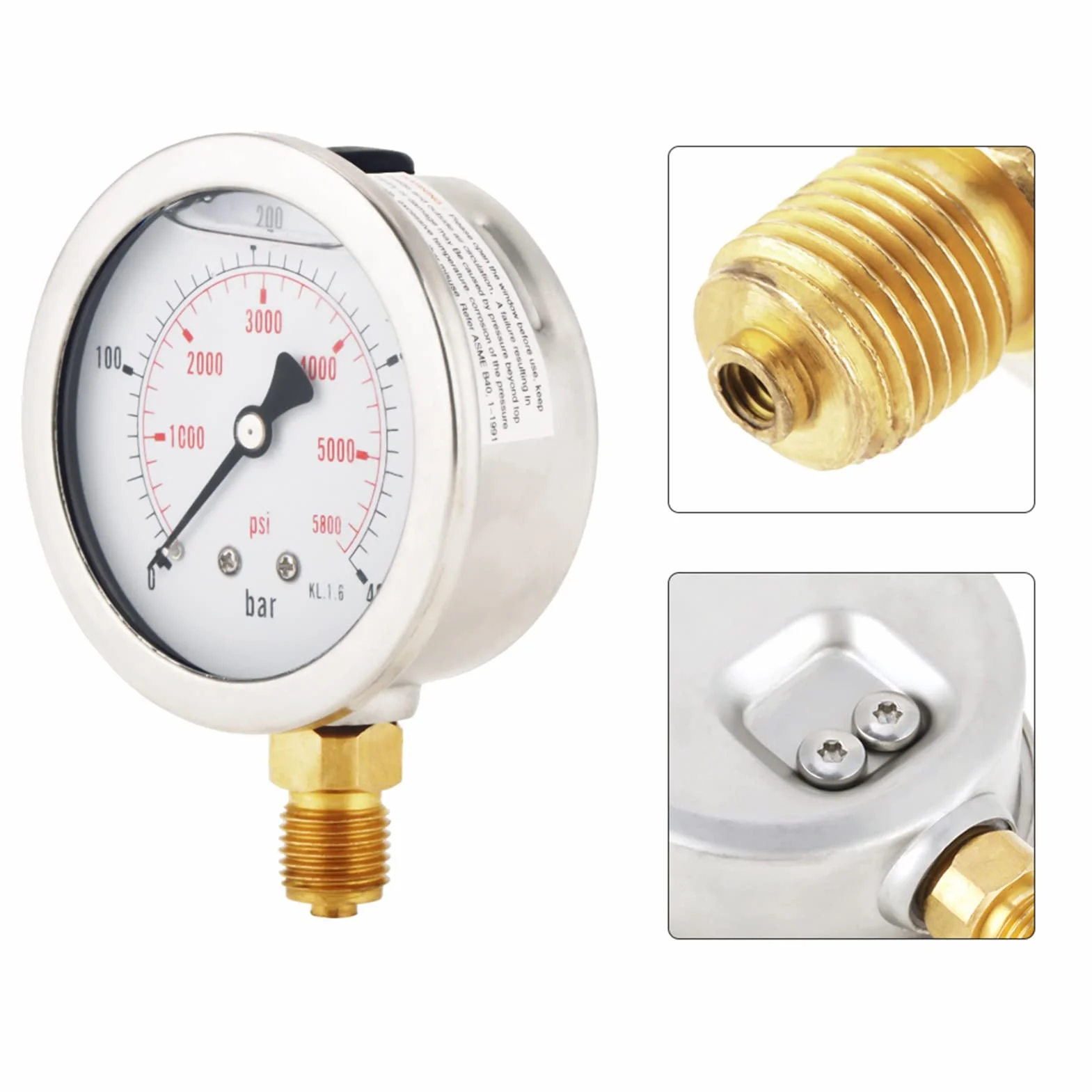 Manometr hydrauliczny Xinrub 63 mm Ciśnienie wody napełnionej gliceryną 1/4 NPT podwójna skala 0-400 BAR / 0-5800