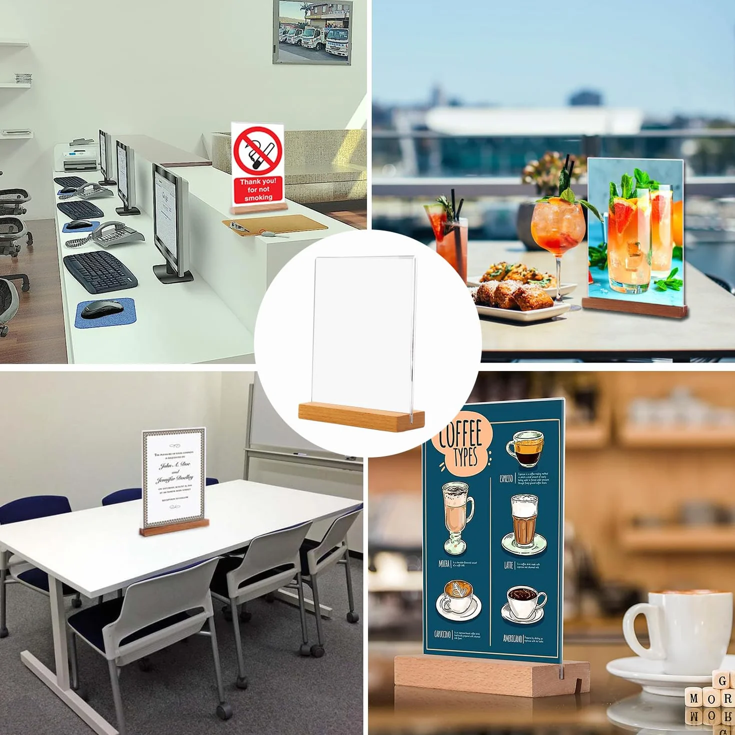Akrylowy Stojak A5 W Kształcie Litery T - 2 Sztuki Uchwytów Na Karty Menu, Przezroczysty, Podwójne Miejsce Na Karty, Plakat, Tabliczki Z Drewnianą Podstawą