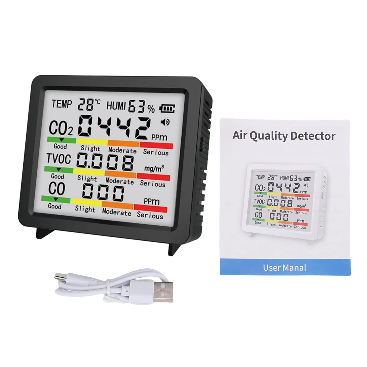 Monitor Jakości Gazu 5 w 1, Przenośny Tester Jakości Powietrza w Pomieszczeniach z Czujnikiem Temperatury i Wilgotności CO2 TVOC CO, do Sypialni w Samochodzie w Biurze Domowym (BLACK)