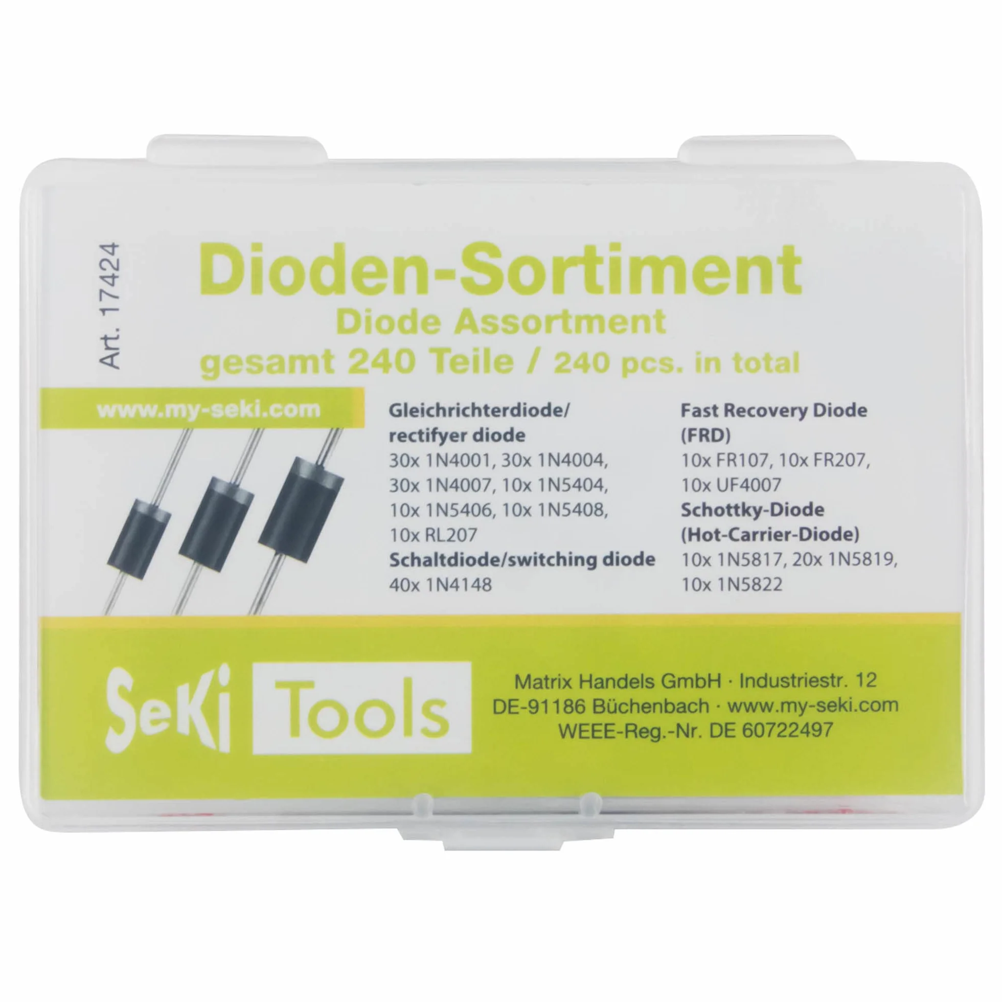 Seki Asortyment diod 240 sztuk, 14 wartości, dioda prostownicza, Schottky, dioda przełączająca; 1N4001 1N4004 1N4007 1N5404 1N5406 1N5408 RL207 FR107 RL207 UF4007 1NN5406 1N5408 RL207 RL207 UF4007
