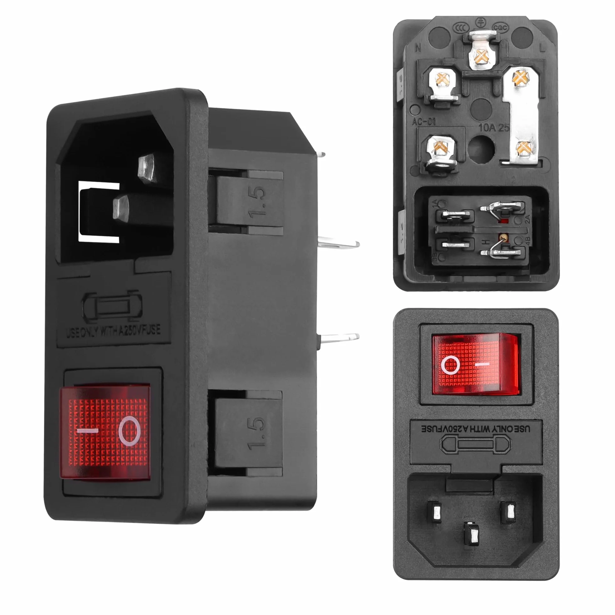 YAODHAOD 4 szt. przełącznika dźwigienkowego 10 A 250 V i IEC C14 moduł gniazda zasilania wtyczka bezpiecznik 10 A ze wskaźnikiem światła do urządzeń gospodarstwa domowego 12 V, 230 V lub urządzeń DIY