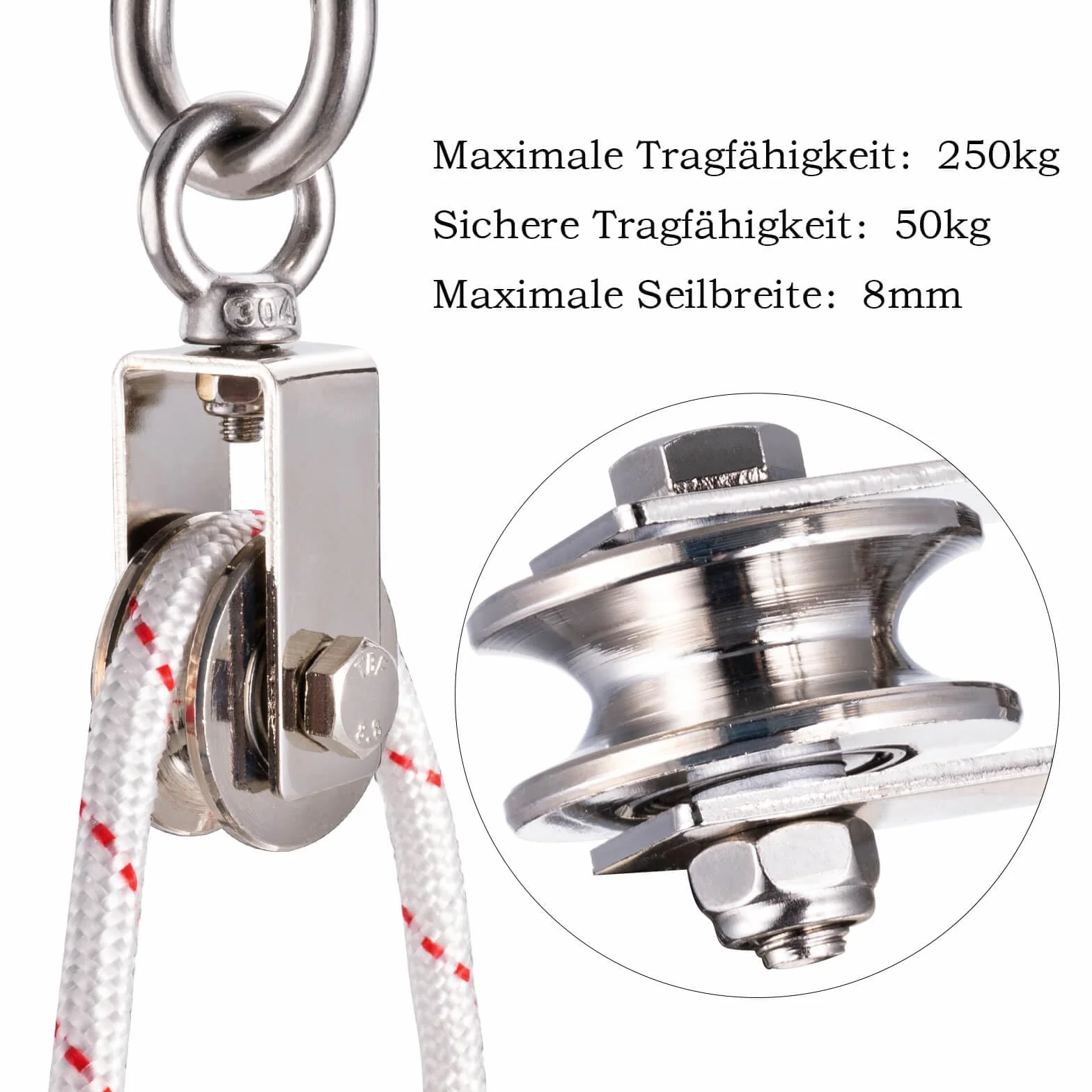 Rolka zwrotna 40 mm ze stali nierdzewnej, 2 łożyska kulkowe, do lin 8 mm, nośność 200 kg