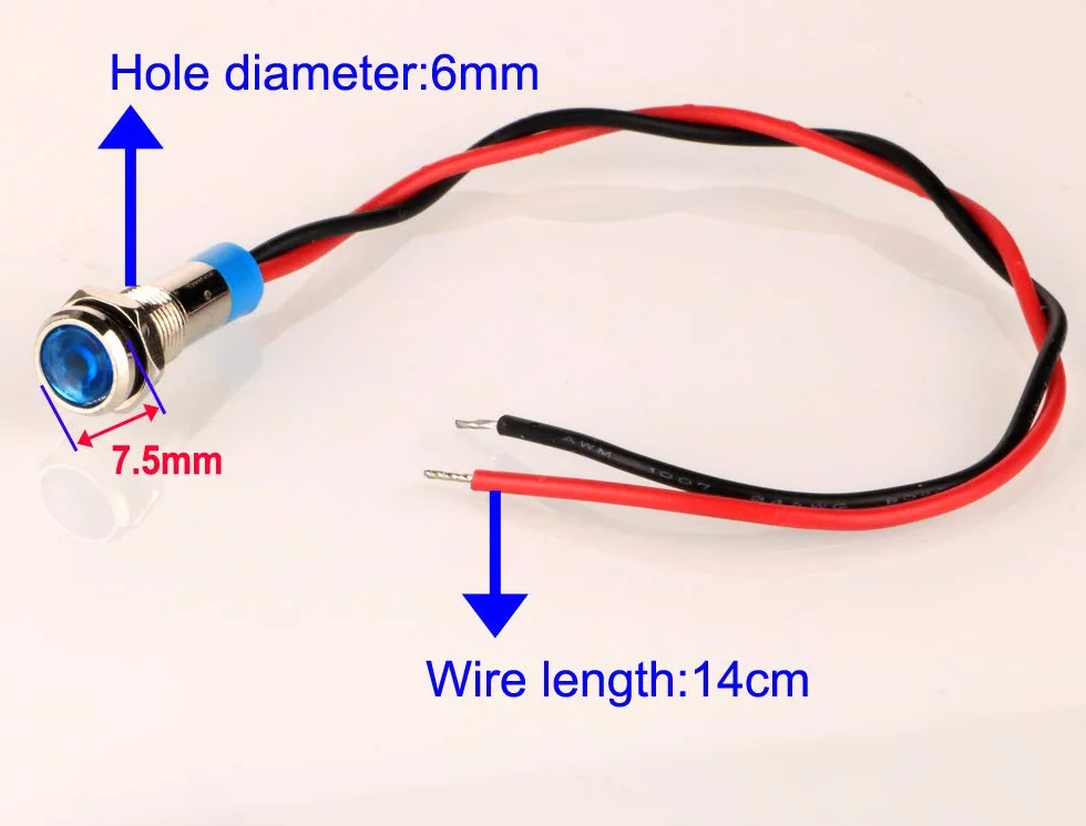 Gebildet 10 szt. 6mm 1/4 cala AC/DC 12-24V LED Energooszczędny Metalowy Wskaźnik Swietlny Wodoodporna lampa Sygnalizacyjna z Przewodem (zielony/żółty/czerwony/niebieski/biały)