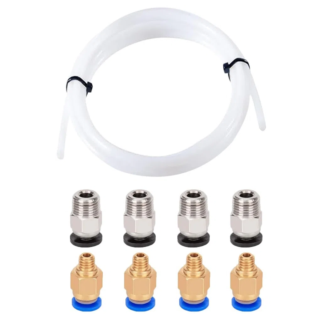 Rura teflonowa do drukarki 3D PTFE, 1 m, z 4 łącznikami pneumatycznymi PC4-M6 i 4 sztukami łączników pneumatycznych PC4-M10
