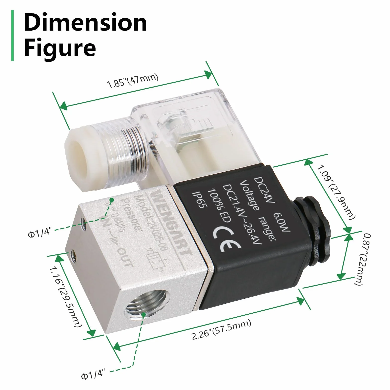 Wengart Pneumatyczny zawór elektromagnetyczny 1/4" PT 2V025-08, pojedyncza cewka, sterowany pilotem elektryczny, 2-pozycyjny, 2-drożny do wydajnego sterowania elektromagnetycznego (gniazdo DC24V/DIN)