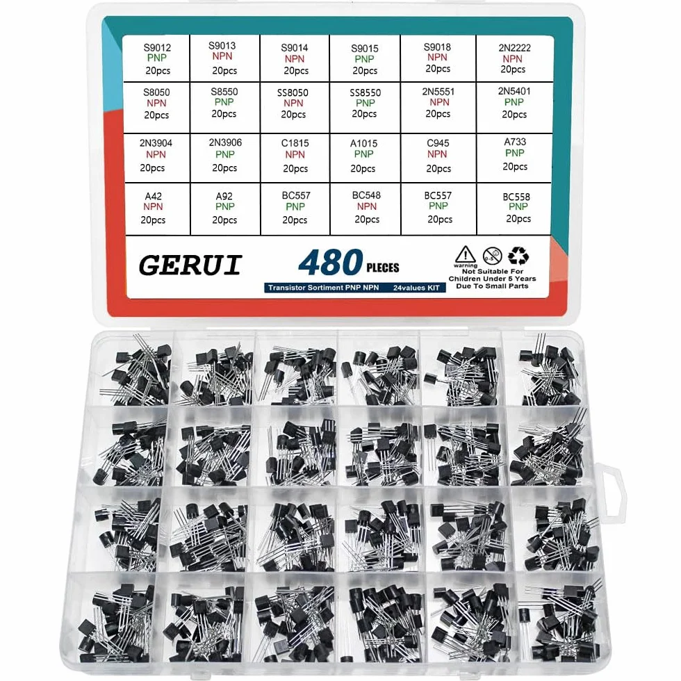 Tranzystor Assortment Kit 24 Values 480pcs PNP NPN S9012 S9013 S9015 S9018 2N2222 S8050 S8550 SS8050 SS8550 2N5551 2N5401 2N3904 2N3906 C1815 A1015 C945 A733 A42 A92 BC547 BC548