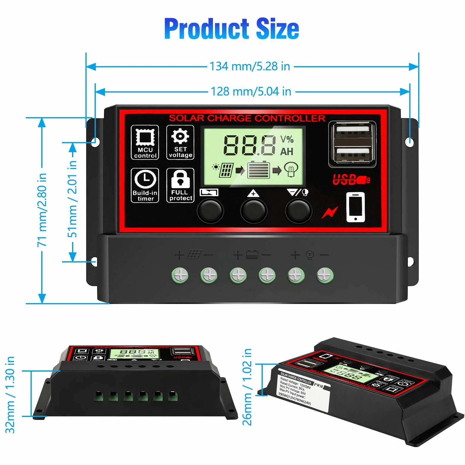 30A regulator ładowania słonecznego, 12V/24V regulator PWM regulator panelu słonecznego regulowanym wyświetlaczem LCD ustawienie timera PWM automatyczny parametr regulatora panelu słonecznego, czarny