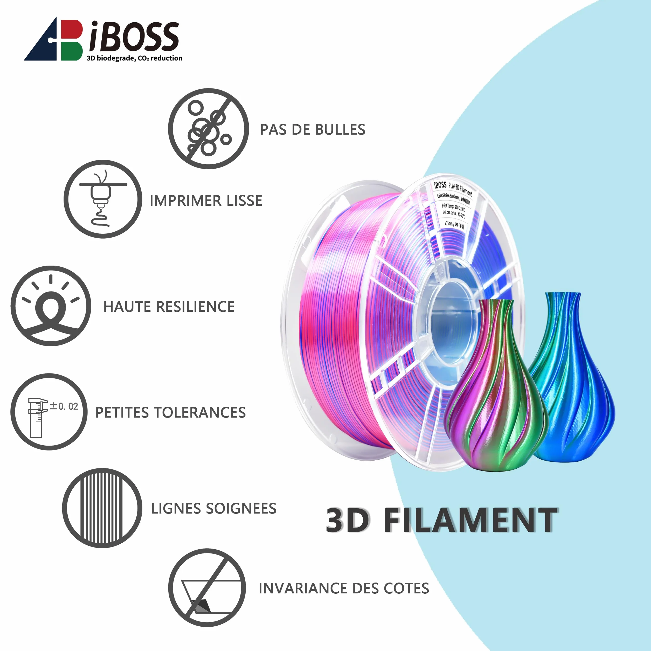 iBOSS Jedwabny PLA+ filament 1,75 mm trójkolorowy, lśniący połysk, do drukarek 3D FDM, dokładność wymiarowa +/- 0,02 mm, szpula 1 kg (2,2 lbs), Jedwabny Czerwony-Niebieski-Zielony