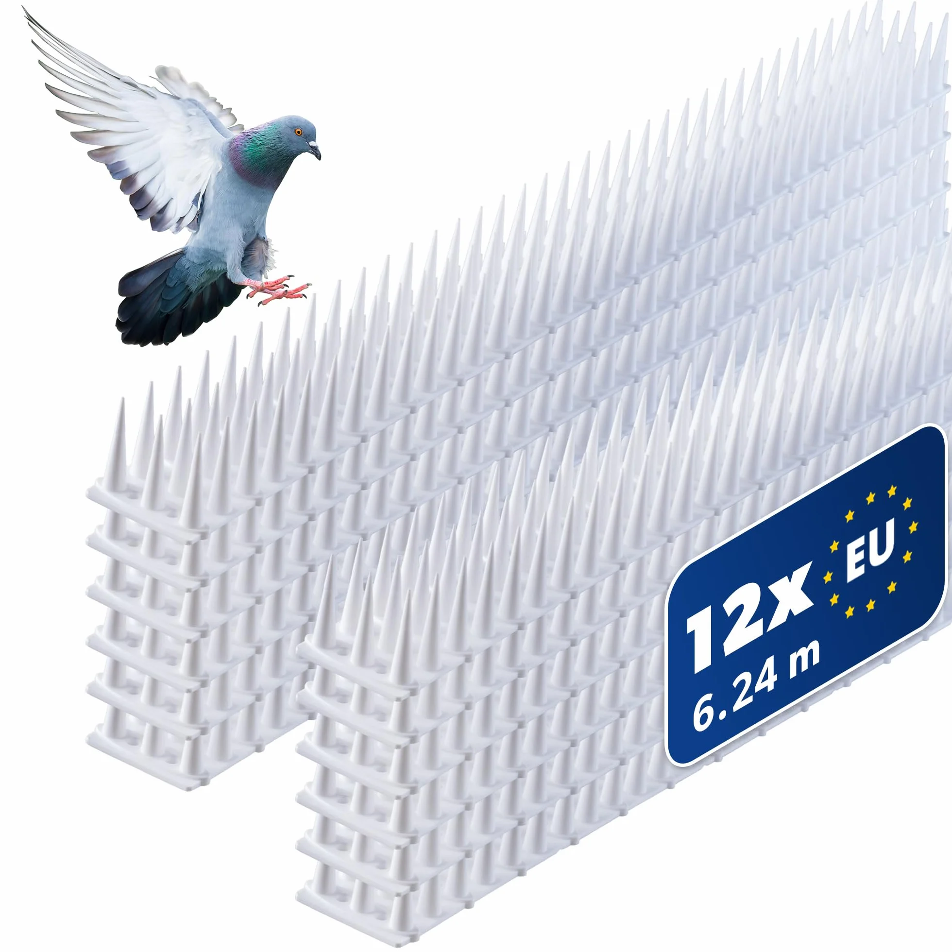 KADAX Obrona ptaków wykonana z plastiku, 51 x 4 x 3,5 cm, obrona zwierząt, 3-rzędowe, kolce dla kota, Marten, Deaf, Głuchy, parapet, dach, obrona gołębia, ochrona ptaków, solidna (12, biała)