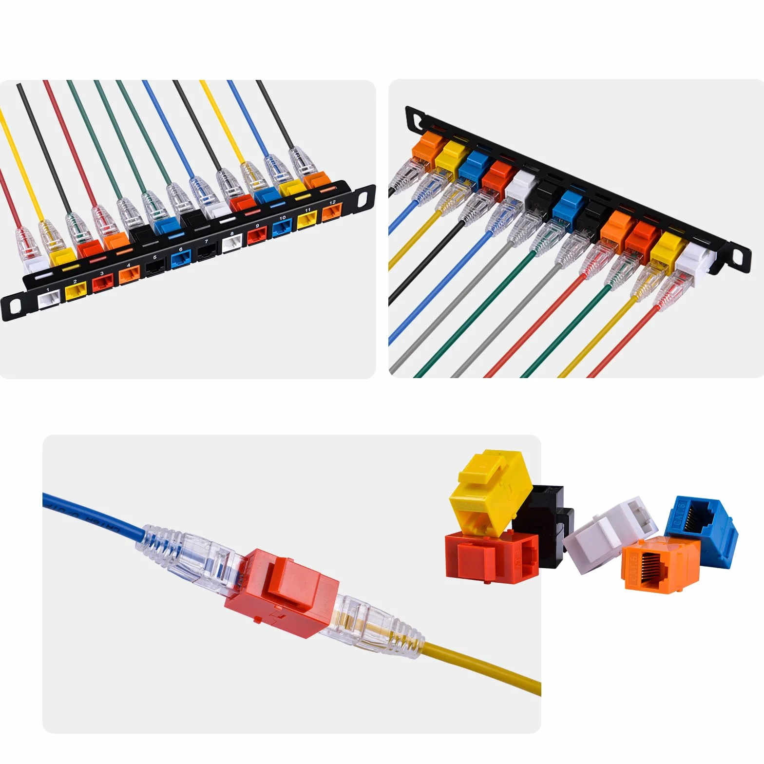 GeeekPi Keystone RJ45 Cat6 Connectors, zestaw 12 sztuk, wielokolorowe, pozłacane szpilki, obudowa ABS