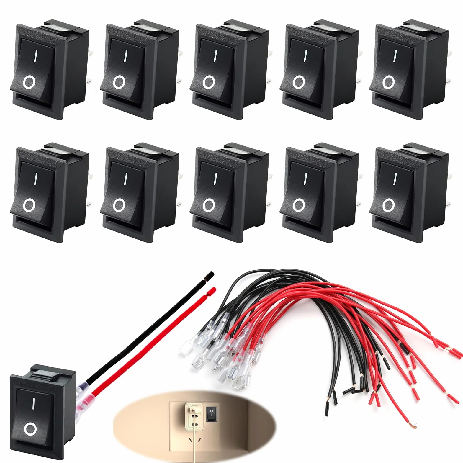 Mini przełącznik kołyskowy T85 z zaworem jednokierunkowym, przełącznik KCD1-101, 2-biegunowy SPST ON/OFF, obciążenie do 10 A/125 V i 6 A/250 V, zestawy kabli, do samochodów, łodzi i urządzeń
